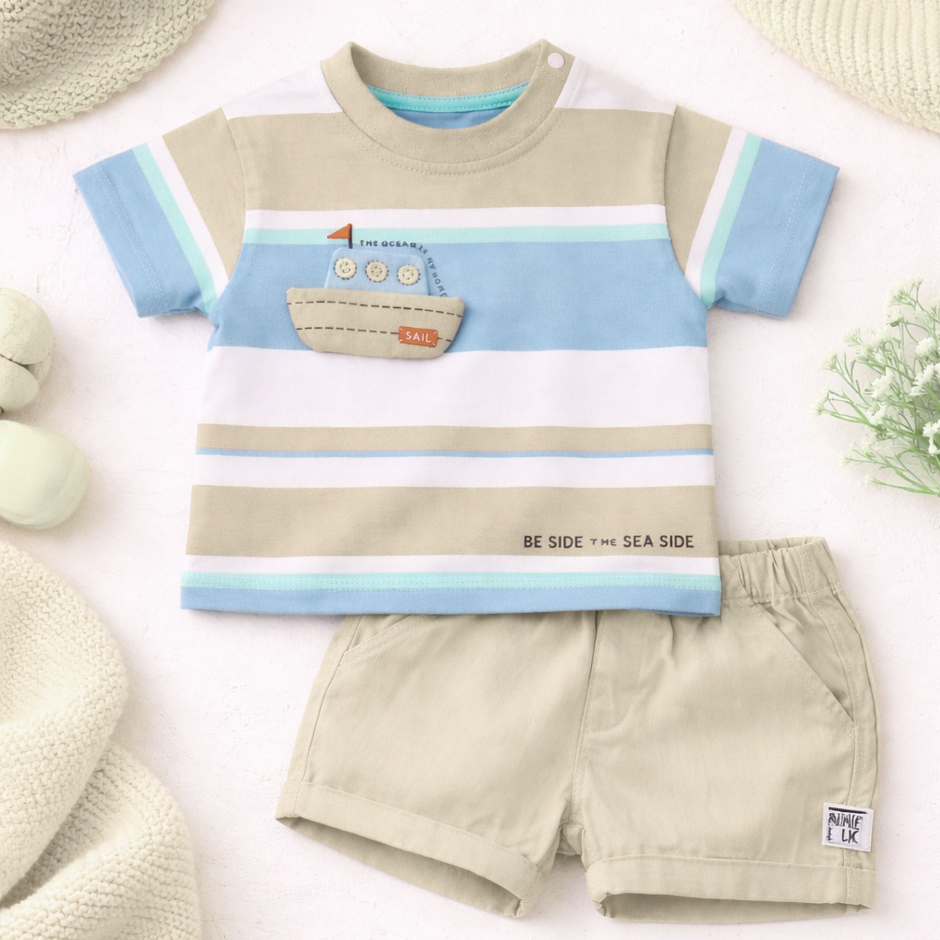 LITTLE KANGAROO Baby Boys Summer Co-ord Set – Fawn Striped T-Shirt with Shorts | Soft Cotton Outfit (9 Months to 2 Years)