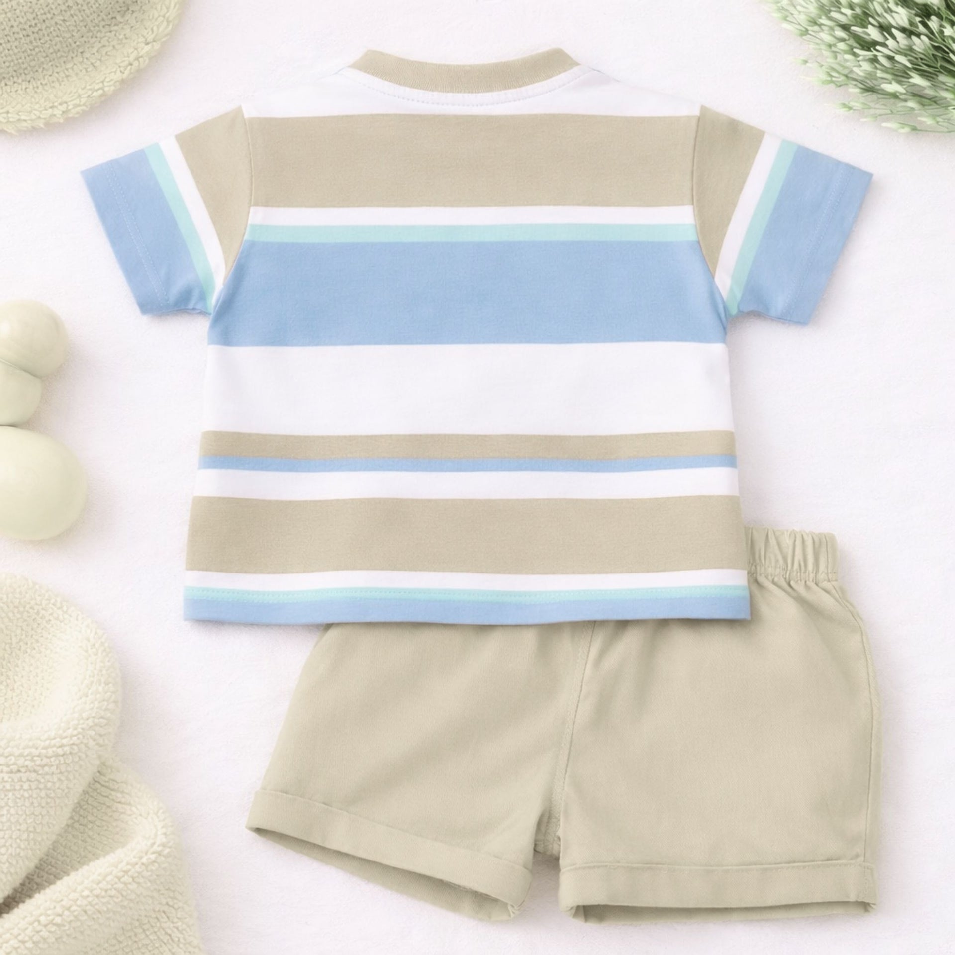 LITTLE KANGAROO Baby Boys Summer Co-ord Set – Fawn Striped T-Shirt with Shorts | Soft Cotton Outfit (9 Months to 2 Years)