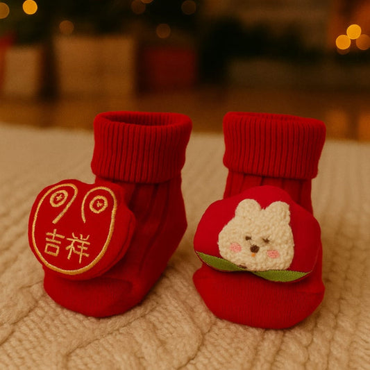 SMILE BABY Newborn Baby Booties | Soft Cotton Booties with Cute Embroidery | Warm & Comfortable Crib Shoes for Infants (0–12 Months) | Red