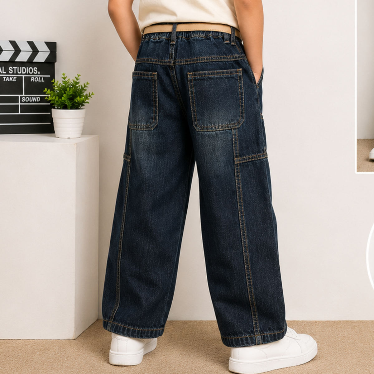 COOLEST TINT boys wide leg denim jeans back view with patch pockets and elasticated waistband