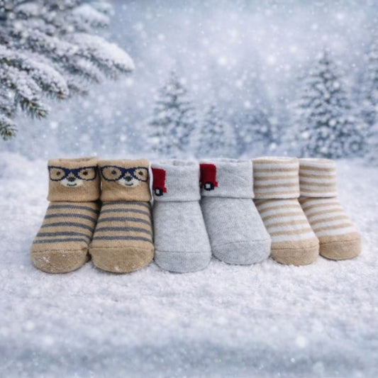 Baby Boys Winter Socks Pack of 3 | Soft Warm Infant Socks with Cute Character Designs | Newborn Socks for Boys (0–12 Months)