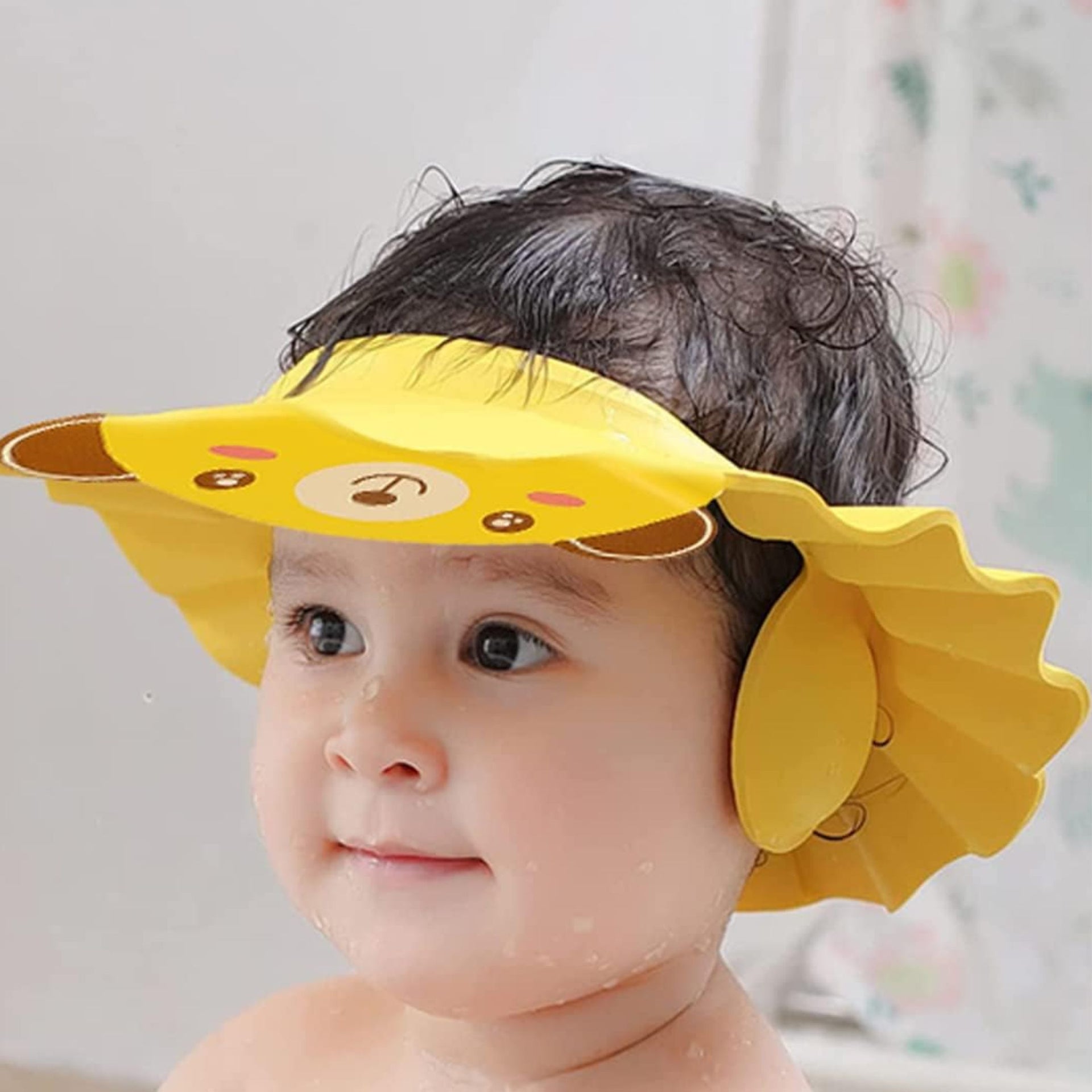 1ST STEP Baby Shampoo Bath Cap for Kids | Soft Adjustable Shampoo Hat with Ear Protection | Splash Guard Bathing Cap for Babies & Toddlers | Pink & Yellow