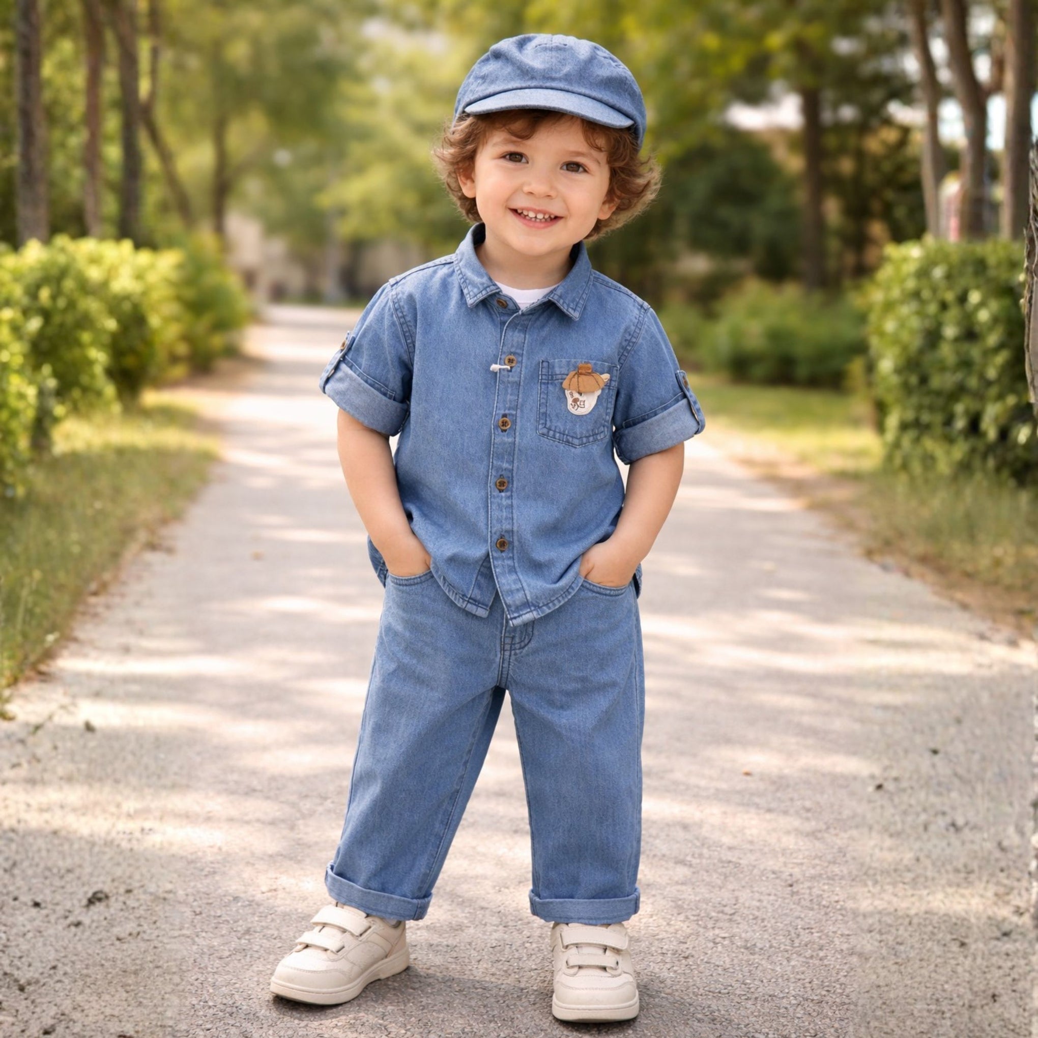 BAD BOYS Kids Denim Co-ord Set for Baby Boys (6 Months–3 Years) – Stylish Shirt, Jeans & Cap Outfit