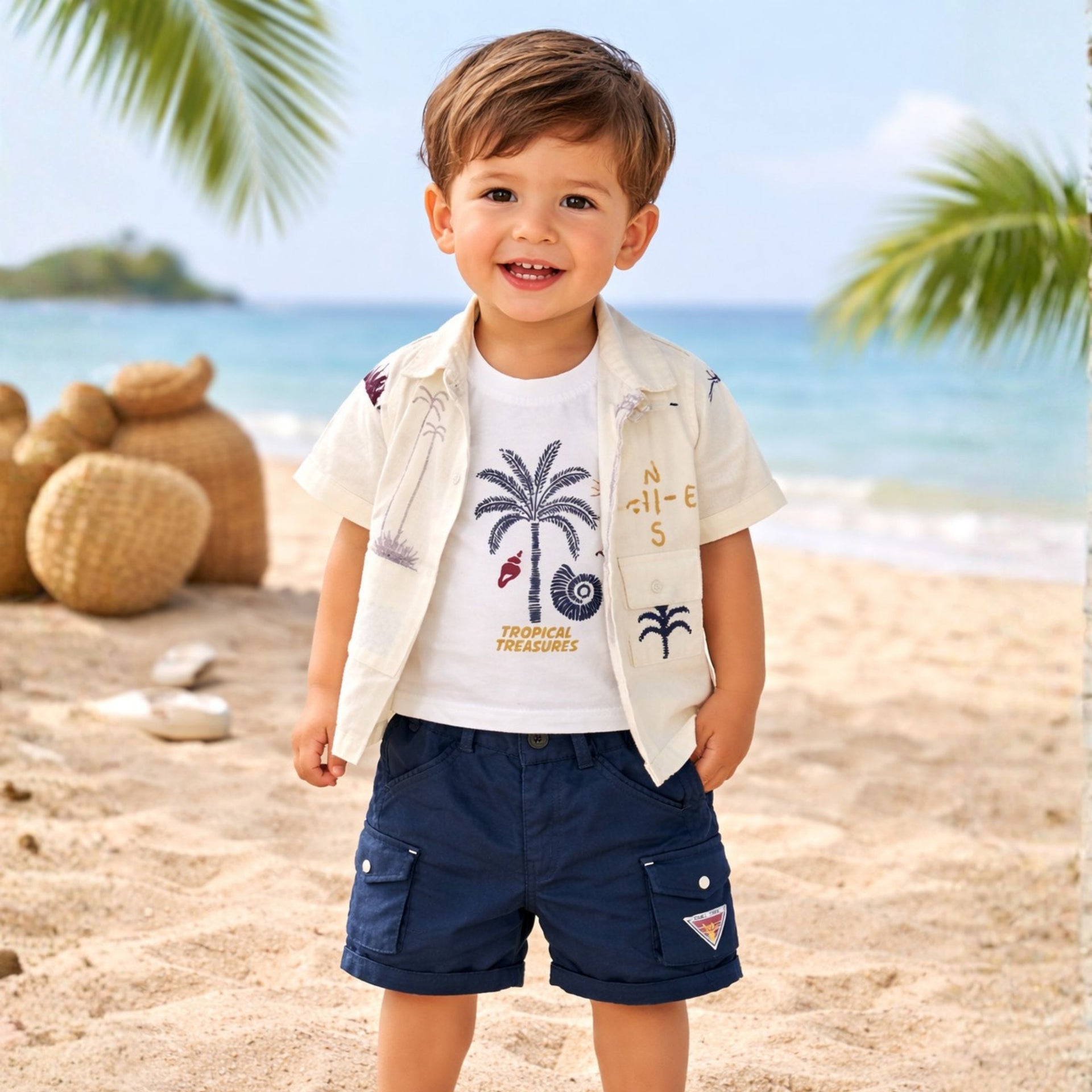 BAD BOYS Tropical Beach Co-ord Set for Baby Boys (0–3 Years) – Printed Shirt, T-Shirt & Shorts Outfit