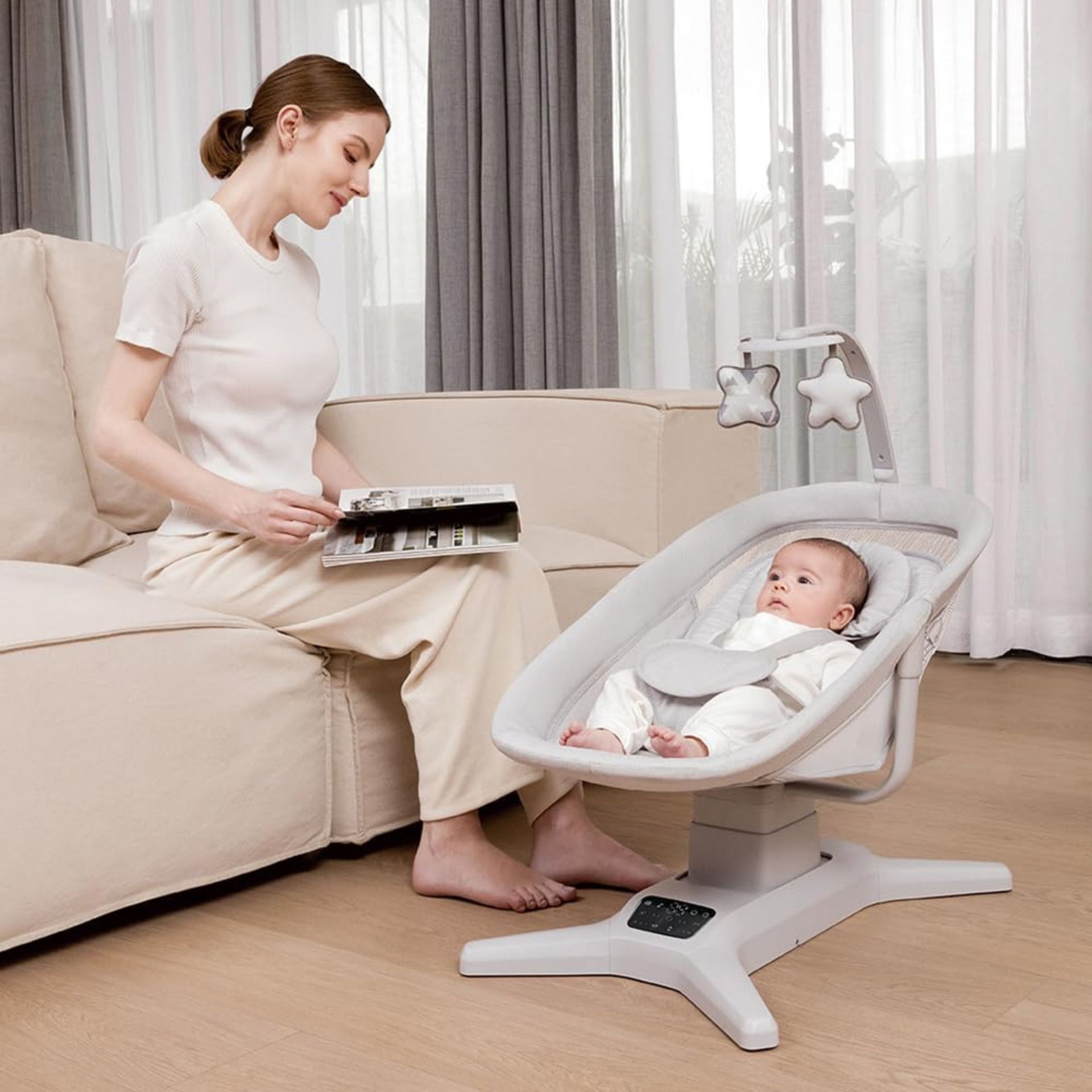 Mastela X Multi-Motion Electric Baby Cradle with Remote Control, App Control, USB Powered, 5 Swing Modes, Music, Mosquito Net & Toy Bar | Newborn Baby Rocker & Bassinet | Light Grey