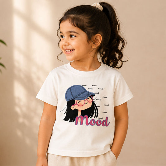 VITAMINS girls off white Mood graphic printed T-shirt front view with cute girl illustration and round neck