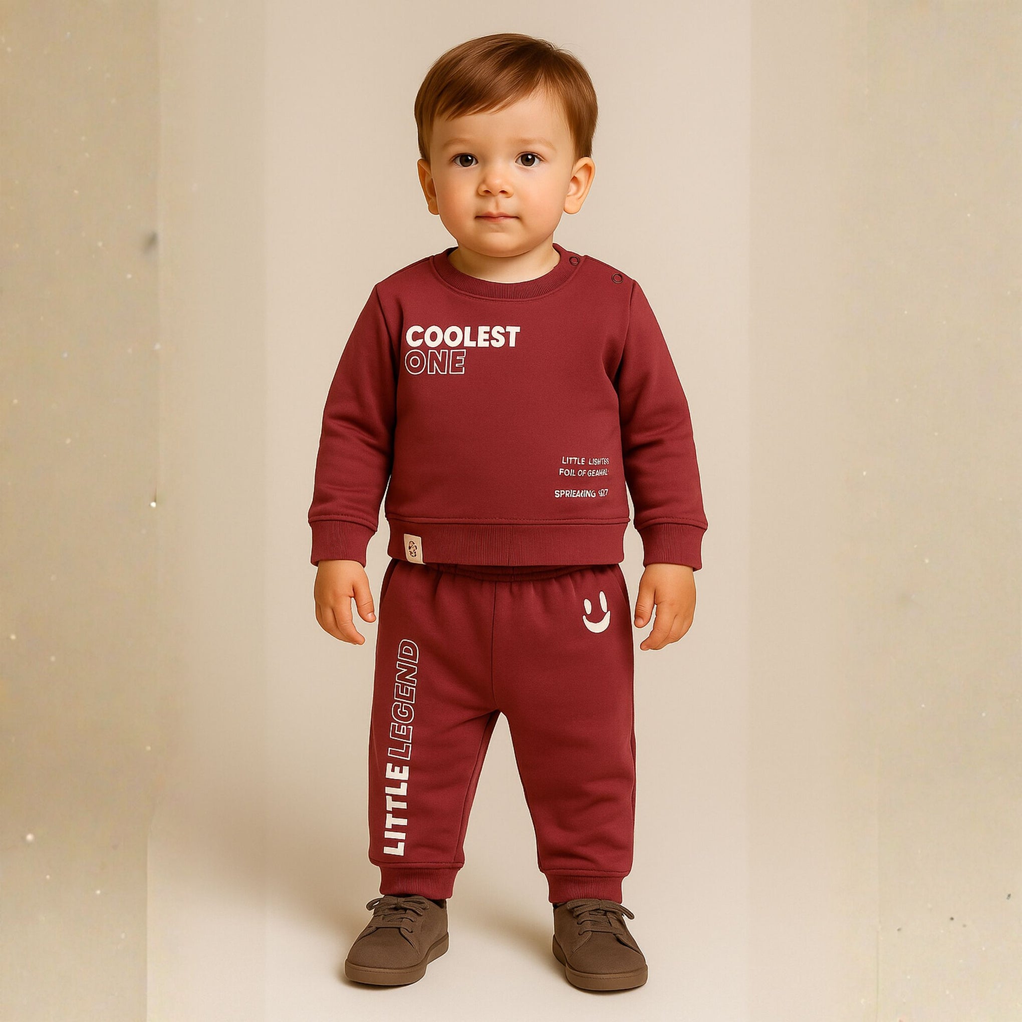 Ollypop "Coolest One" Sweatshirt & Jogger Set for Boys (3M–3Y) – Cranberry & Dark Grey