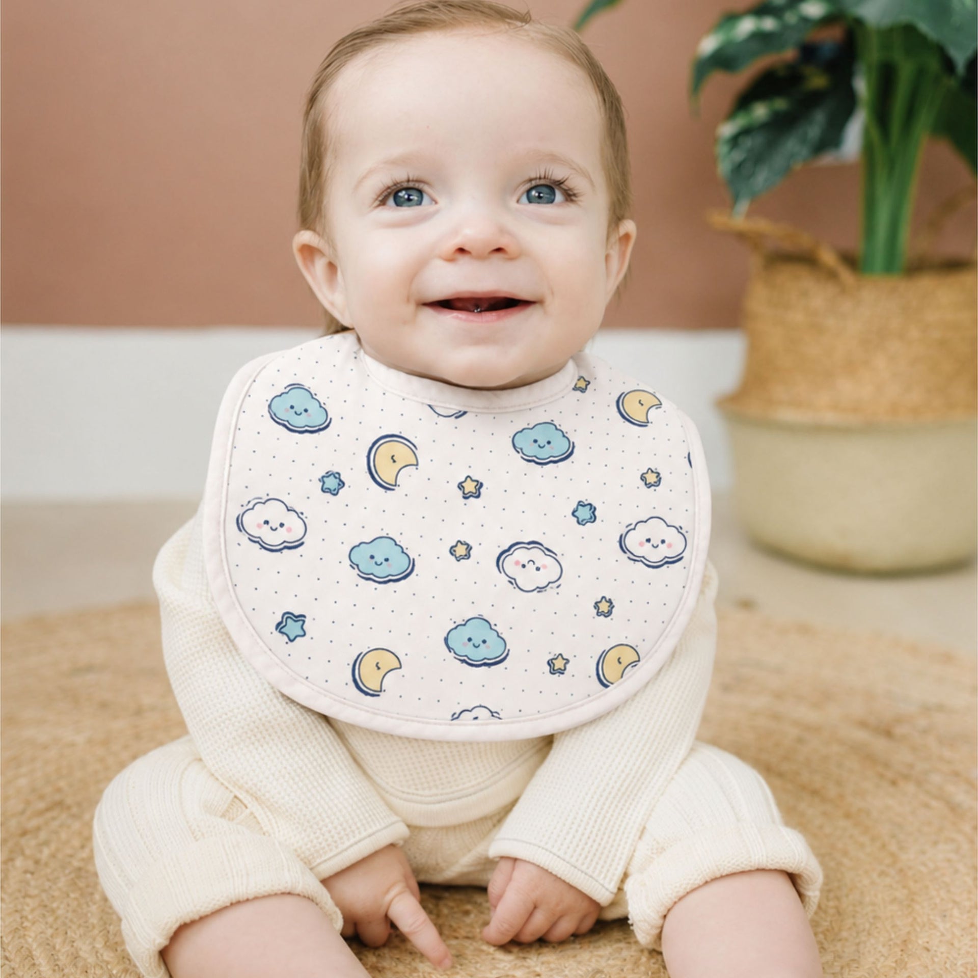 Smile Baby 7-Piece Newborn Gift Set | Muslin Hooded Wrapper Cum Towel, Swaddle, Vest, Nappy, Napkin, Burp Cloth & Bib | Soft Cotton | Star & Moon Print