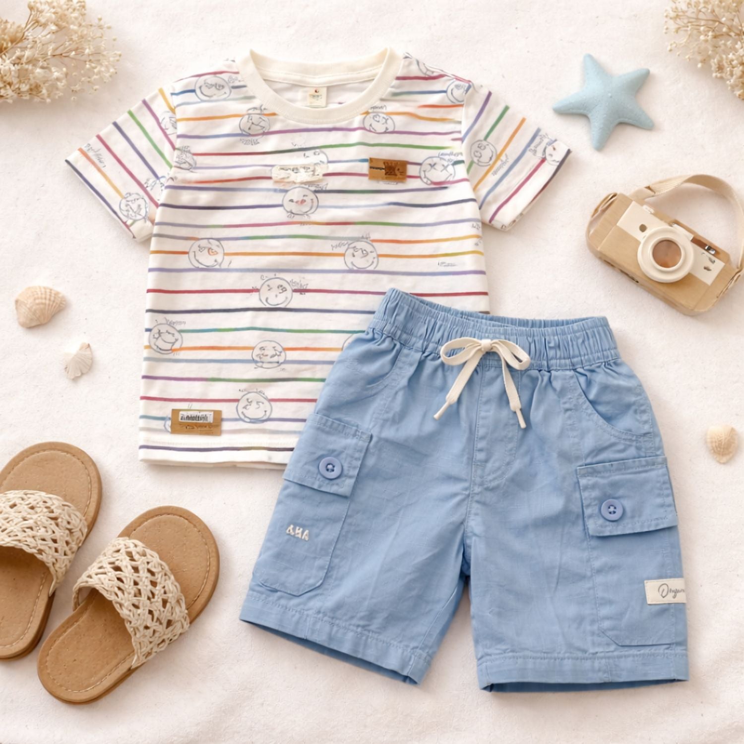 KIDZELLO Striped Smiley Co-Ord Set for Baby Boys (0–24M) – Cotton T-Shirt & Cargo Shorts Outfit