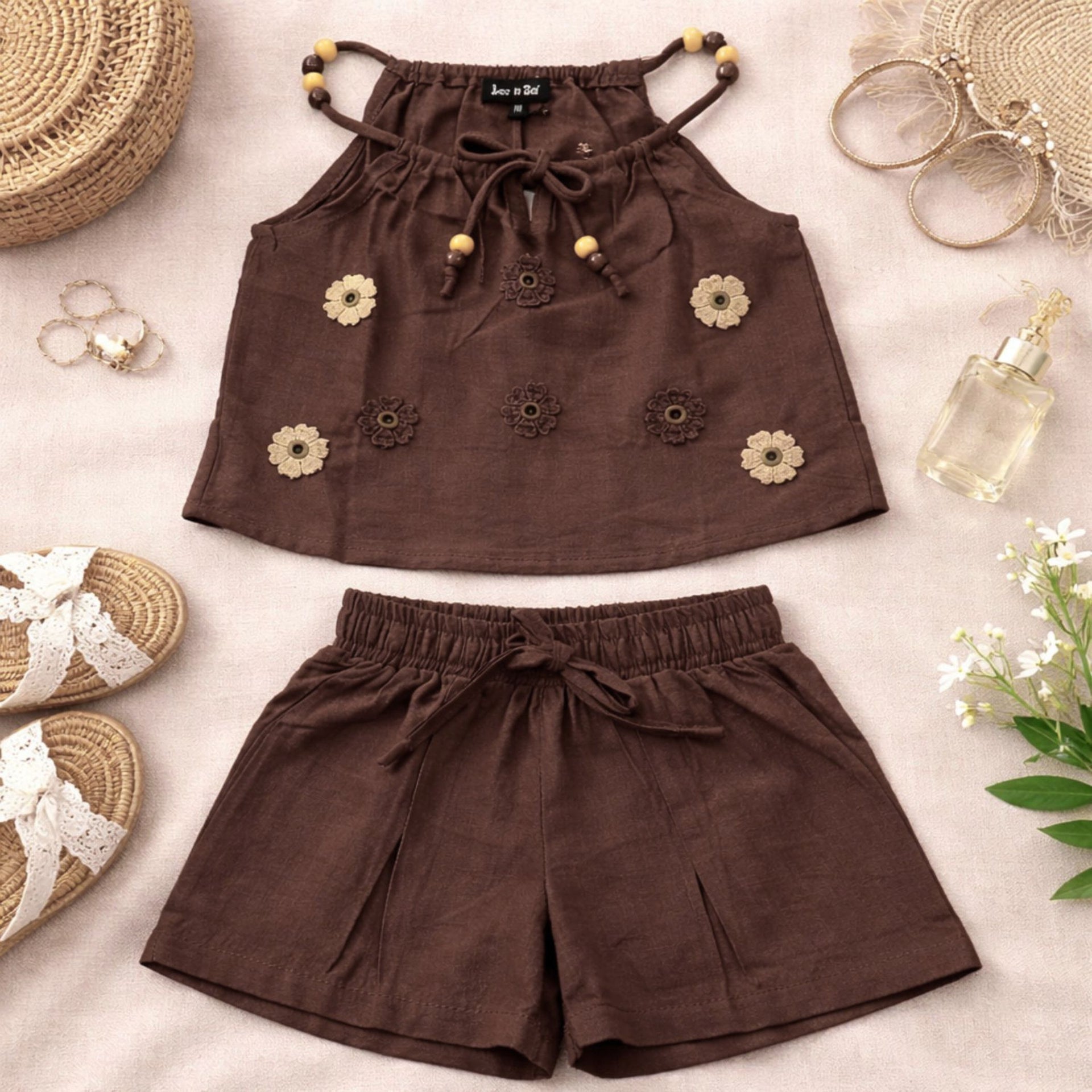 LEO N BABES Girls Brown Floral Embellished Top & Shorts Set | Stylish Summer Outfit (18M–12Y)