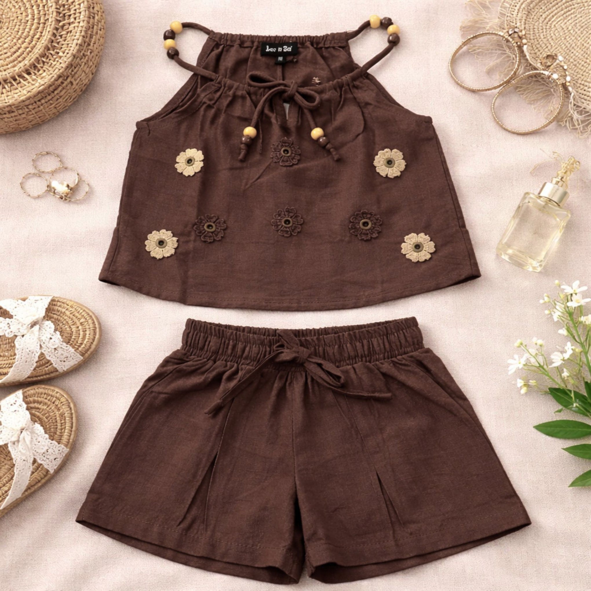 LEO N BABES Girls Brown Floral Embellished Top & Shorts Set | Stylish Summer Outfit (18M–12Y)