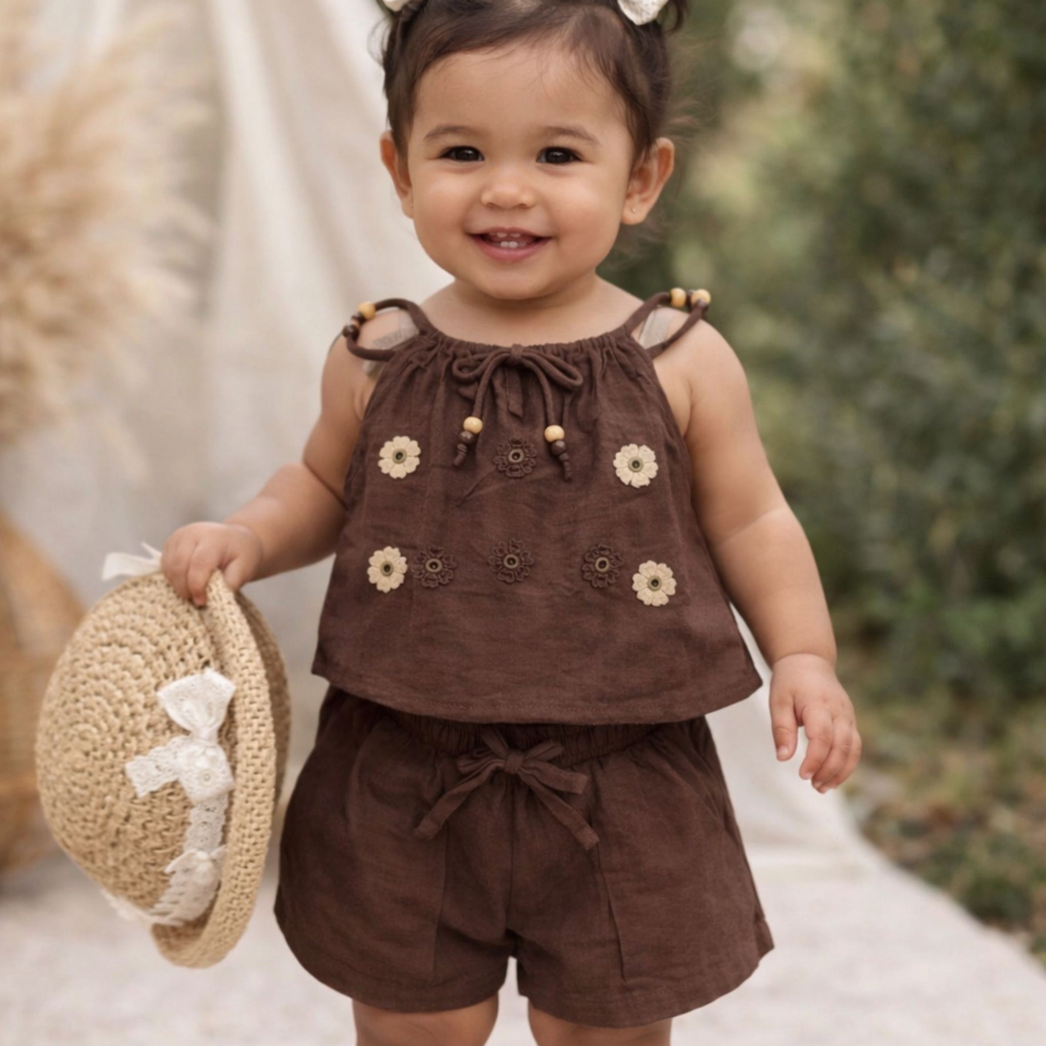 LEO N BABES Girls Brown Floral Embellished Top & Shorts Set | Stylish Summer Outfit (18M–12Y)