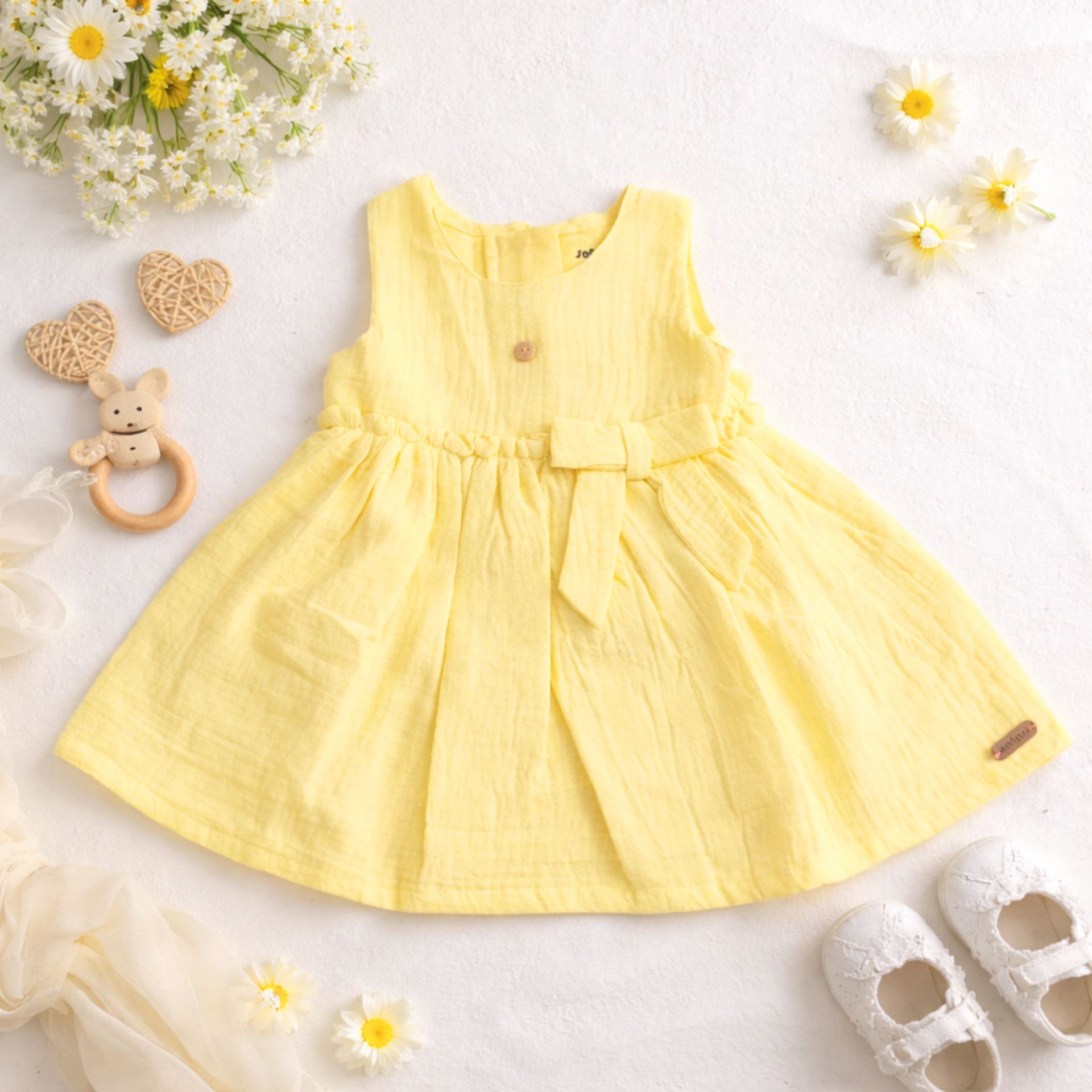 ORRIGANY Baby Girls Yellow Cotton Party Dress with Bow | Sleeveless Summer Dress (9M–6Y)