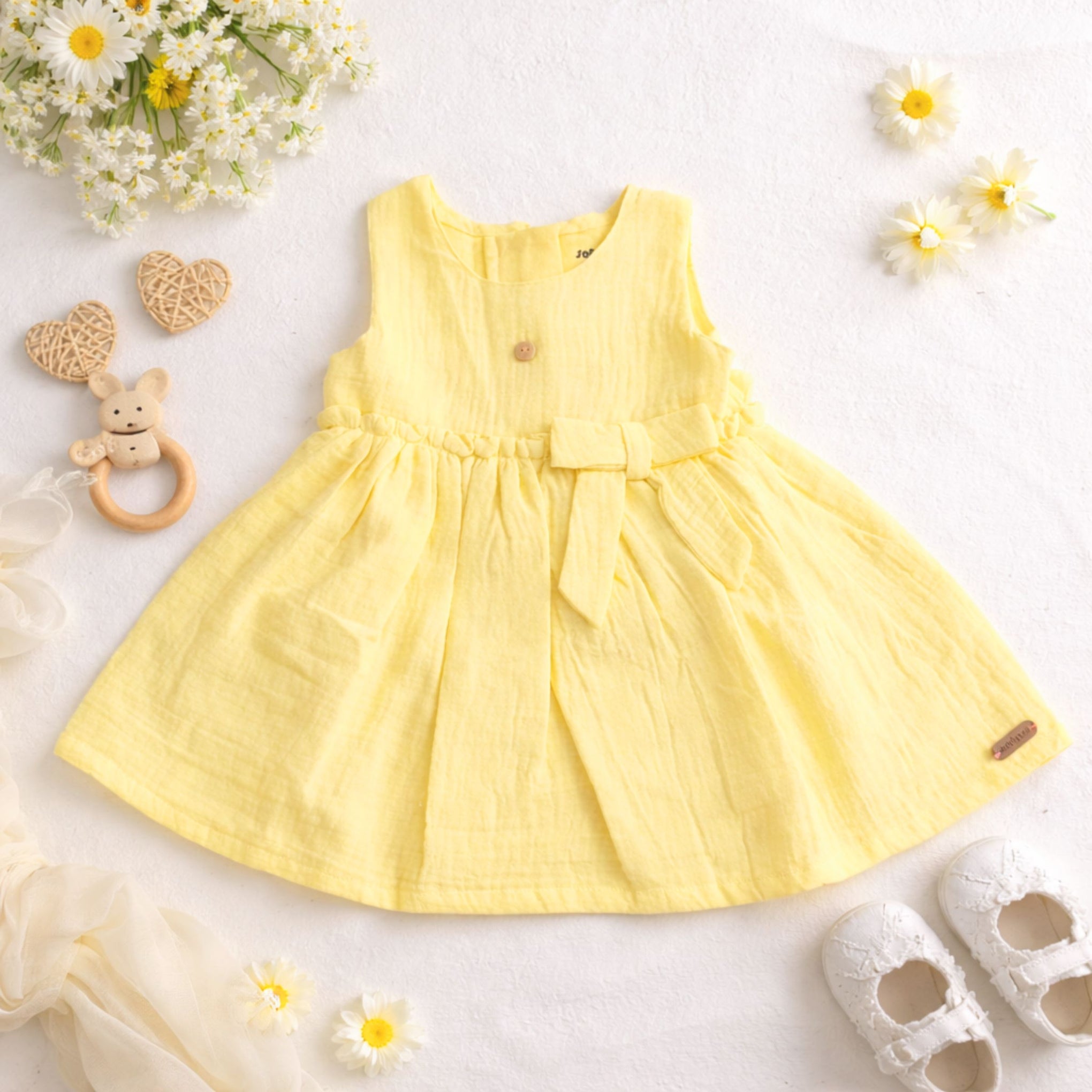 ORRIGANY Baby Girls Yellow Cotton Party Dress with Bow | Sleeveless Summer Dress (9M–6Y)