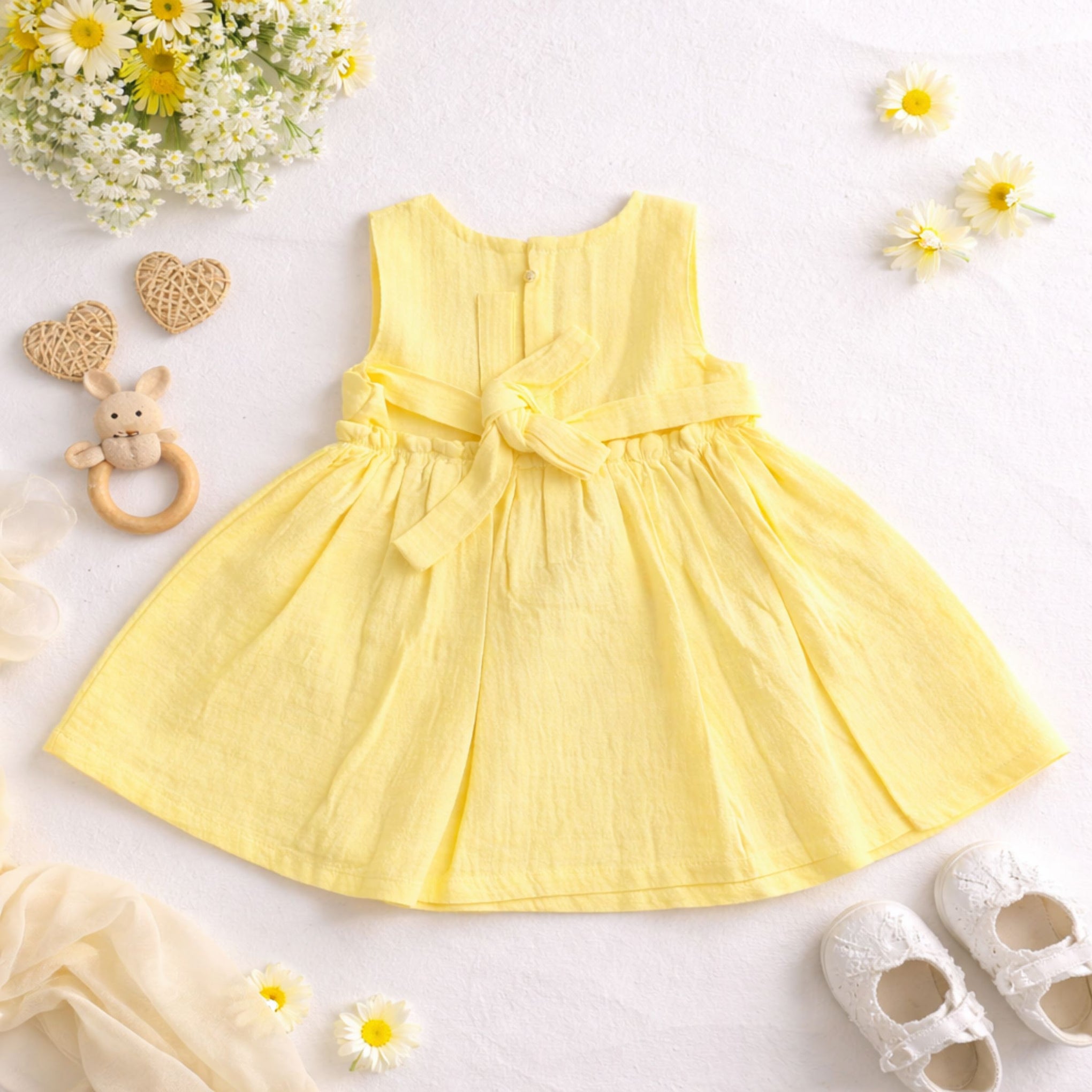ORRIGANY Baby Girls Yellow Cotton Party Dress with Bow | Sleeveless Summer Dress (9M–6Y)