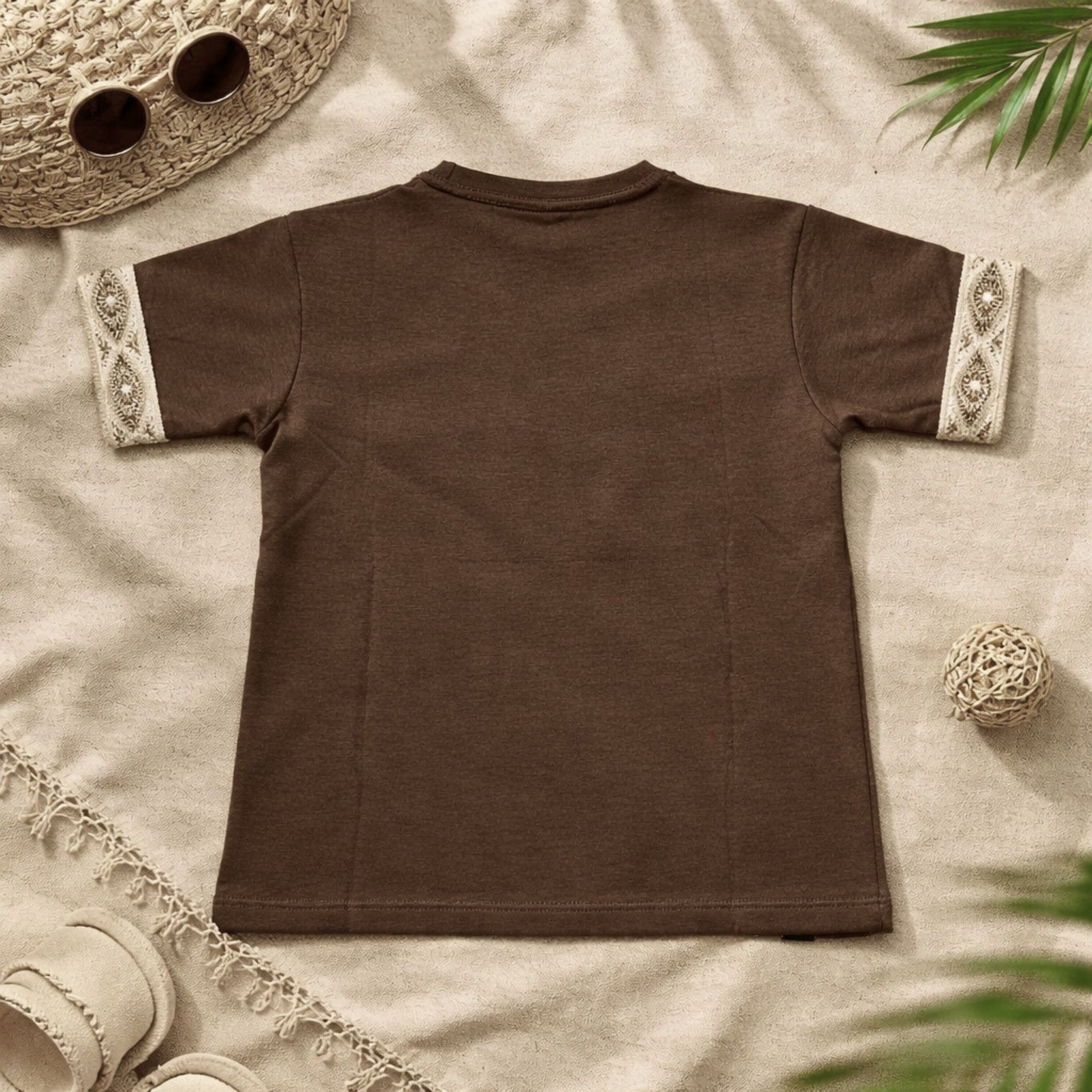 UNIKON Boys Brown Cotton T-Shirt with Crochet Patch Design | Stylish Half Sleeve Casual Tee (4Y–12Y)