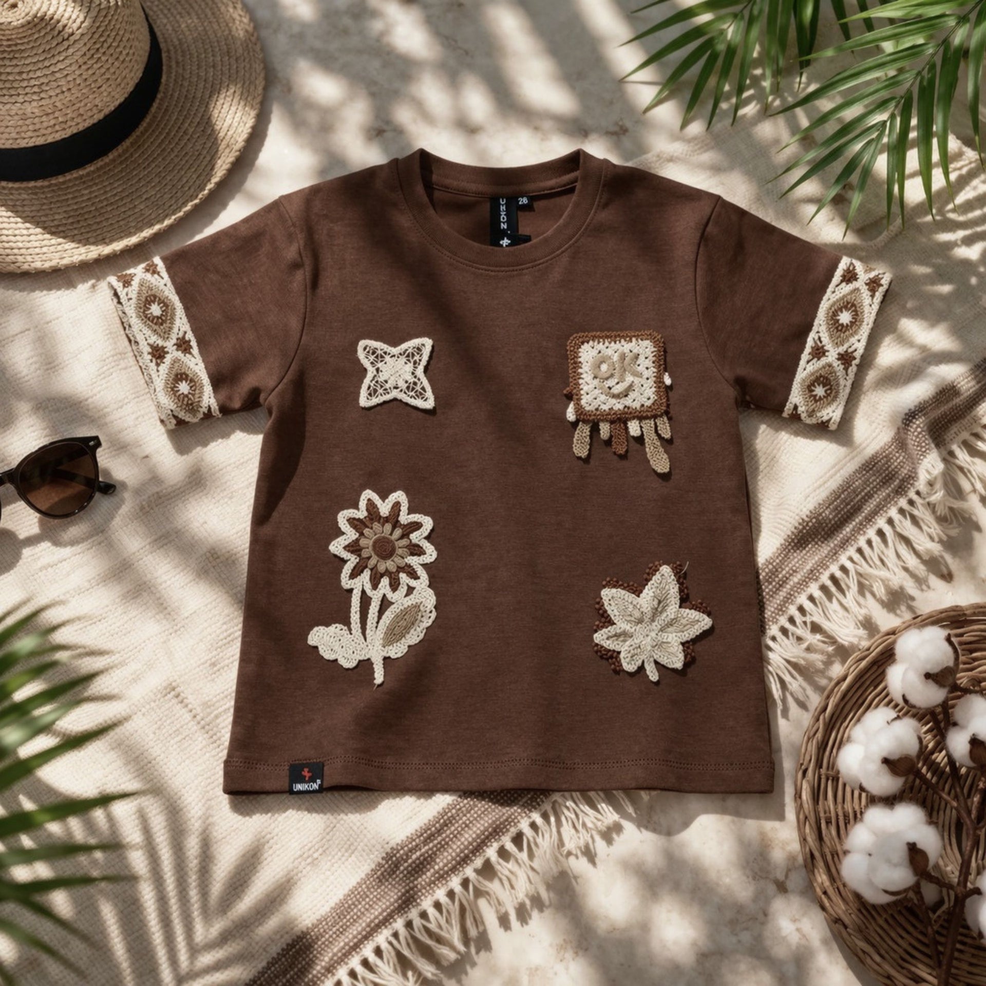 UNIKON Boys Brown Cotton T-Shirt with Crochet Patch Design | Stylish Half Sleeve Casual Tee (4Y–12Y)