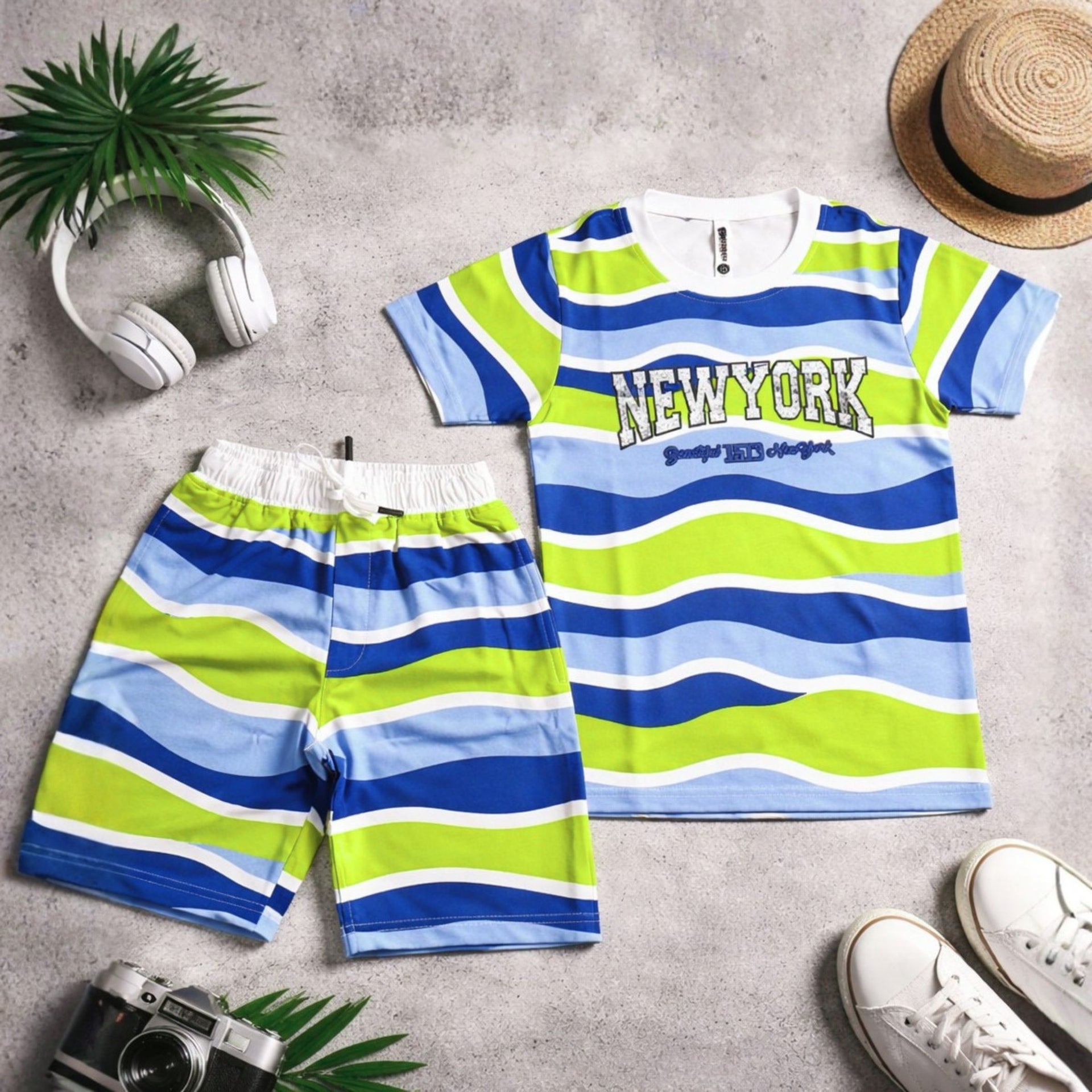 Red Sound Boys New York Printed Striped T-Shirt & Shorts Set | Summer Co-Ord Outfit (4Y–12Y)
