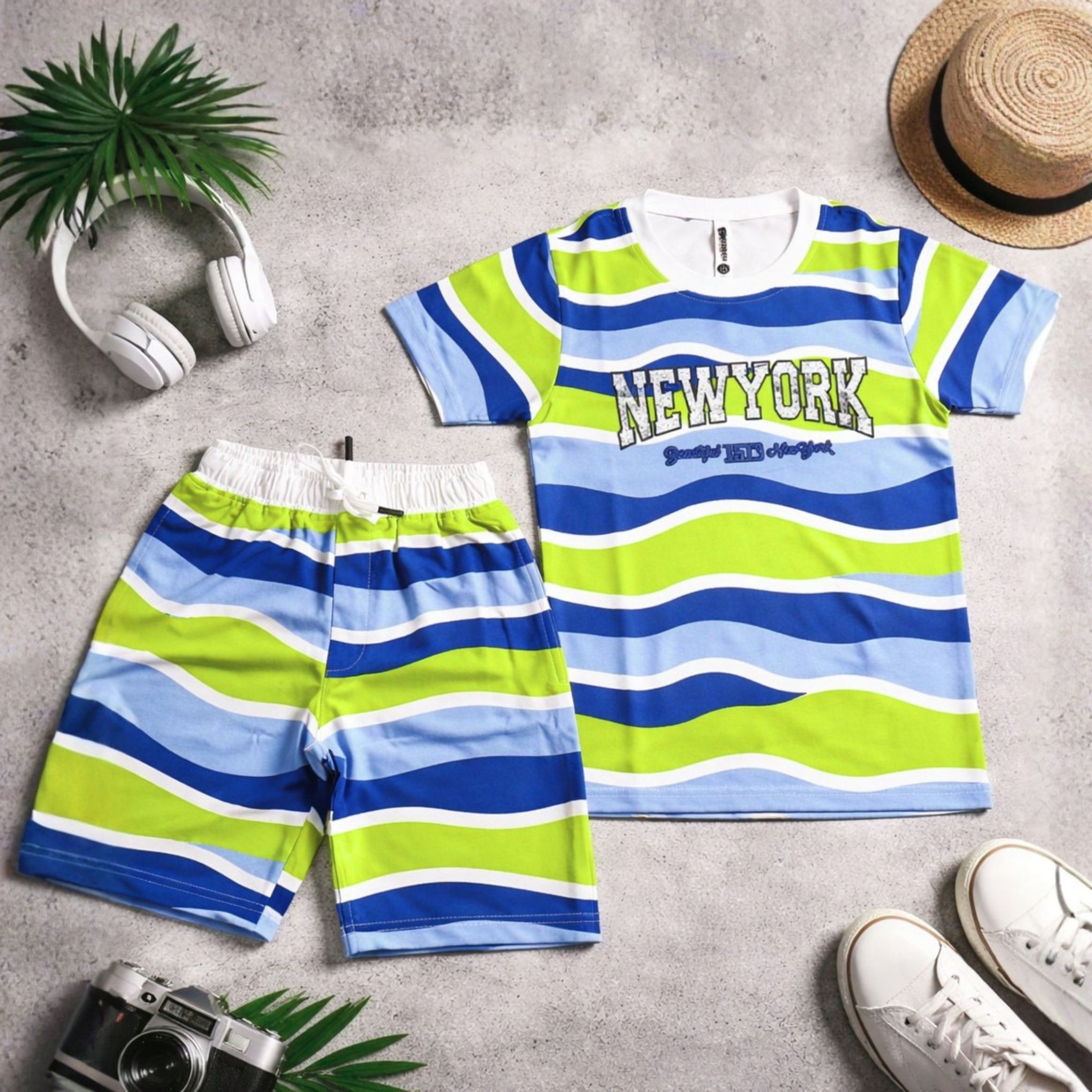 Red Sound Boys New York Printed Striped T-Shirt & Shorts Set | Summer Co-Ord Outfit (4Y–12Y)