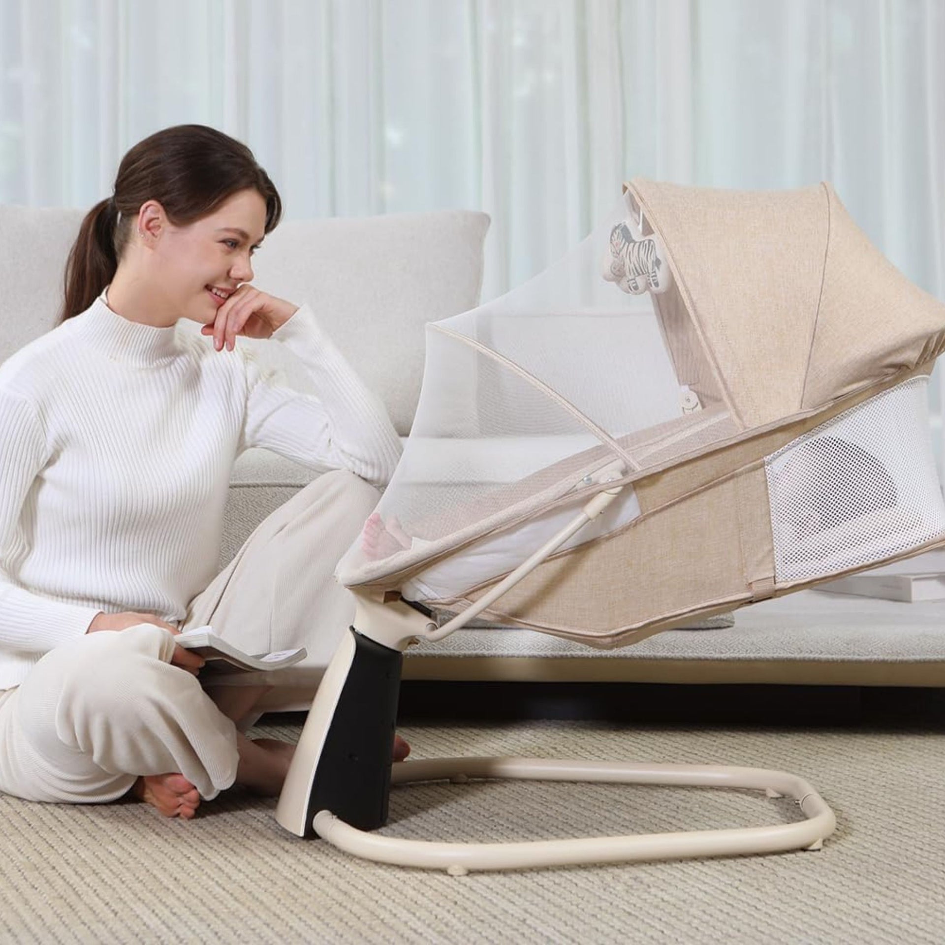 Mastela Aura Deluxe 3-in-1 Electric Baby Swing Chair with Motion Sensor, Automatic Rocking, App Control, Music, Mosquito Net & Canopy | Beige & Grey