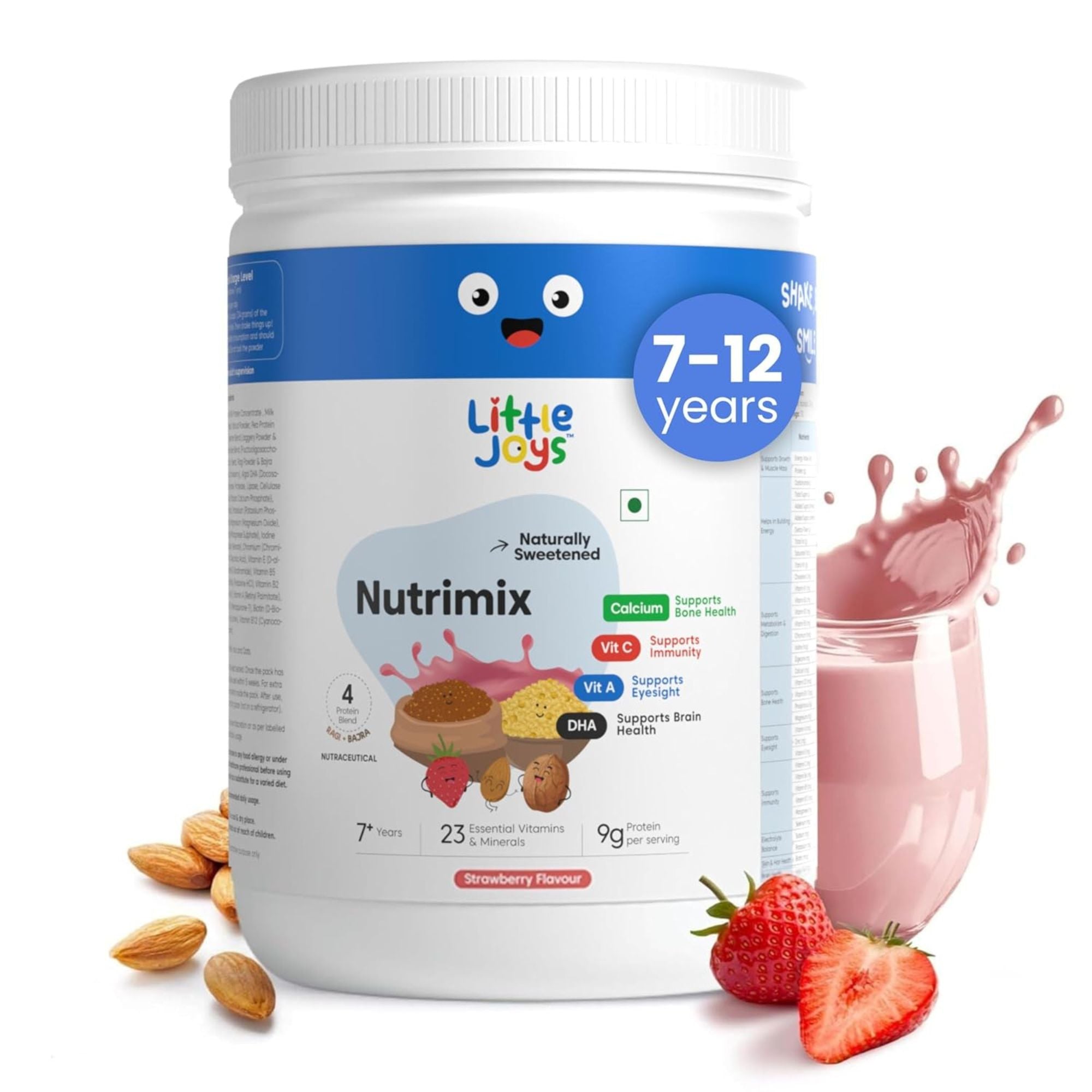 Little Joys Nutrimix Strawberry Flavour Health Drink Powder for Kids (2+ Years & 7+ Years) | 23 Essential Vitamins & Minerals | Protein-Rich Nutrition | Calcium, DHA, Vitamin A & C | Naturally Sweetened | Strawberry health drink for kids