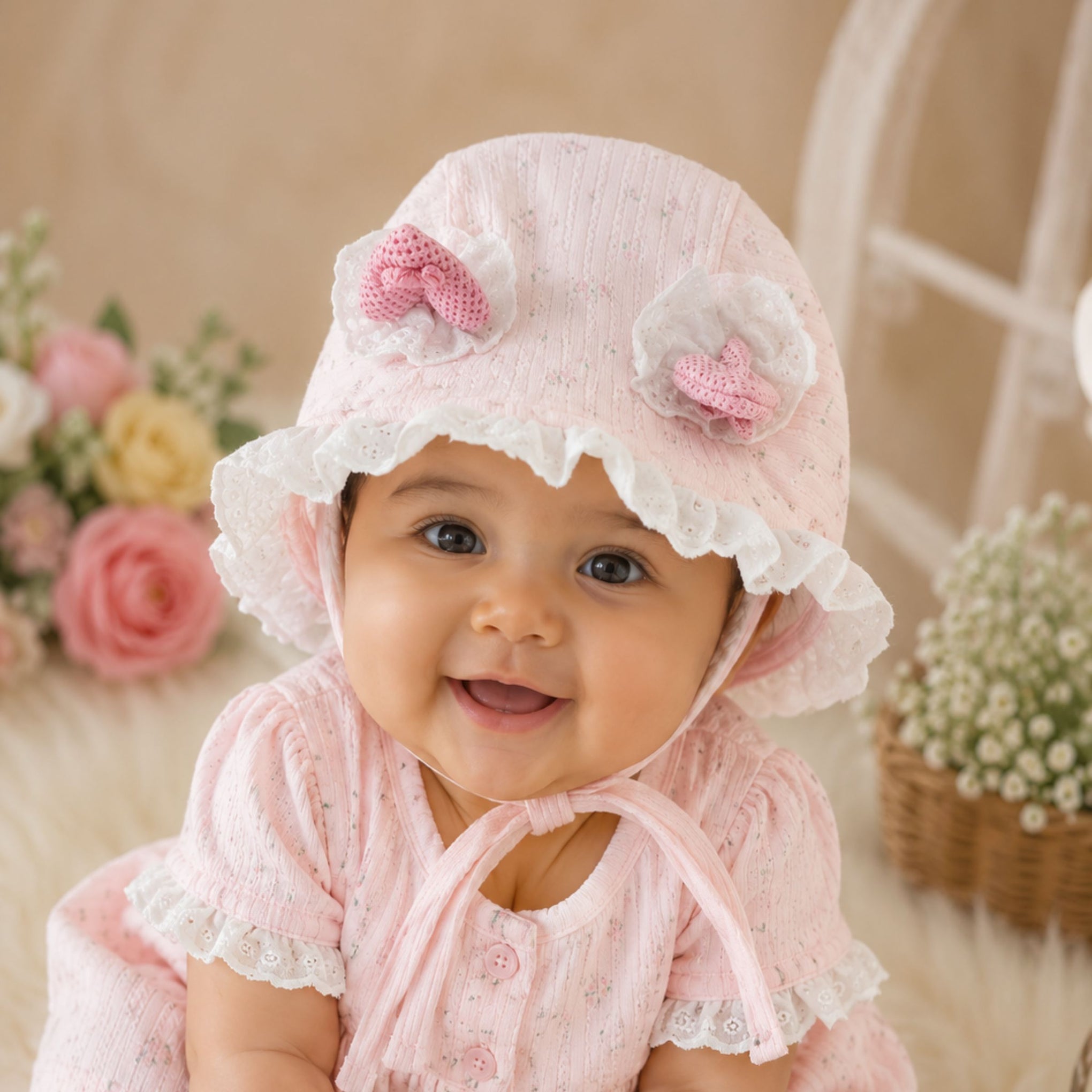 Smile Baby Baby Girls Lace Bonnet Cap with Floral Bow Detail | Soft Cotton Newborn Hat | Adjustable Chin Tie | Pink & Cream