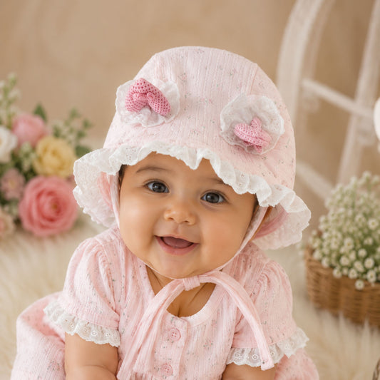 Smile Baby Baby Girls Lace Bonnet Cap with Floral Bow Detail | Soft Cotton Newborn Hat | Adjustable Chin Tie | Pink & Cream