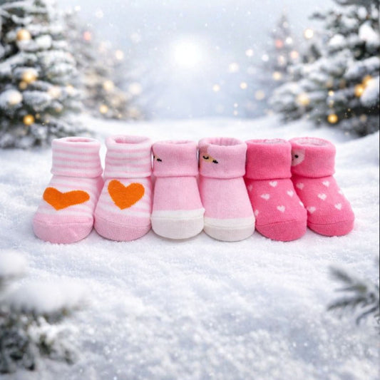 Baby Girl Cotton Socks Set | Soft & Warm Winter Socks | Anti-Slip Comfortable Fit | 0–12 Months | Pack of 3 (Pink)