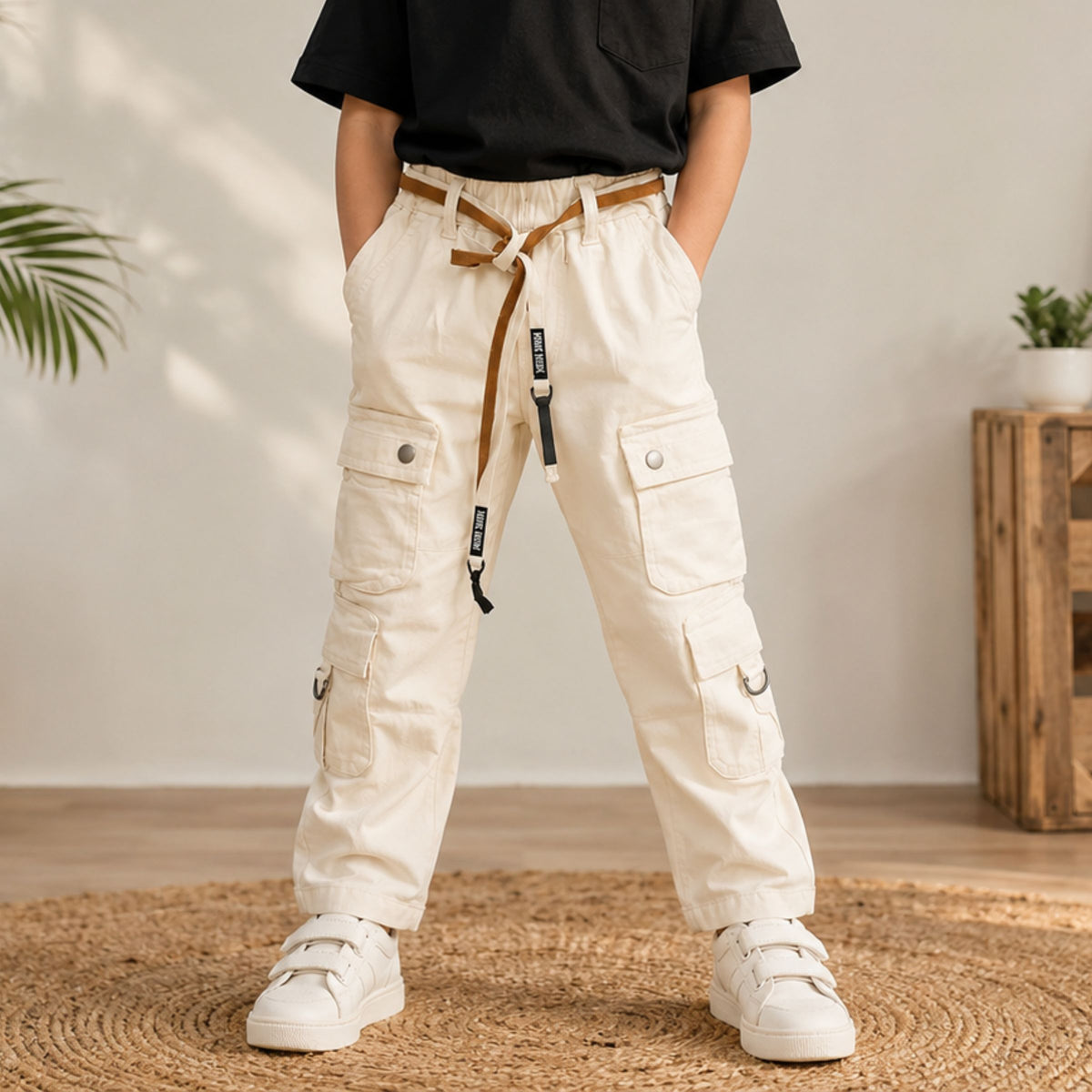 Smile Baby boys cream cargo pants with multiple cargo pockets, adjustable waist and casual styling