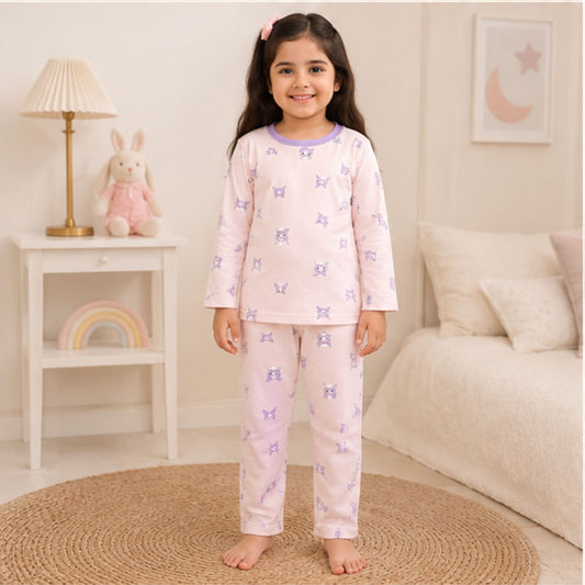Front view of girl wearing Smile Baby pink cotton pajama set, soft full sleeve nightwear for girls 18 months to 10 years.