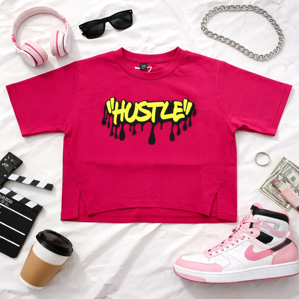 Smile Baby Kids Graphic Printed T-Shirt – “Hustle” & “I Match Energy” Design | H. Pink & Neon Green | 5-14 Years