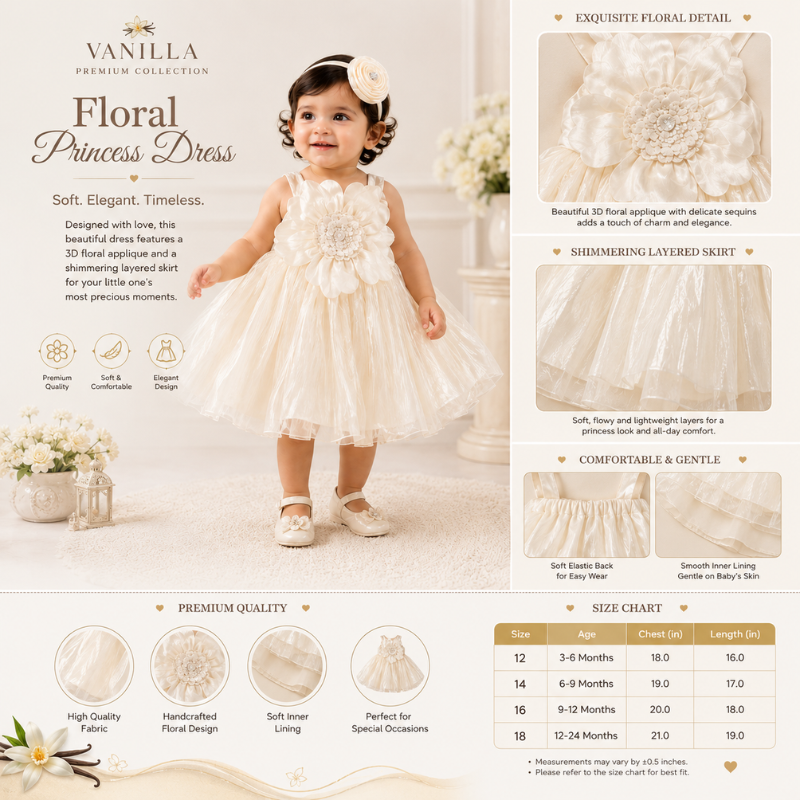 VANILLA Girls Floral Party Dress | Elegant Sleeveless Tulle Dress for Baby Girls 