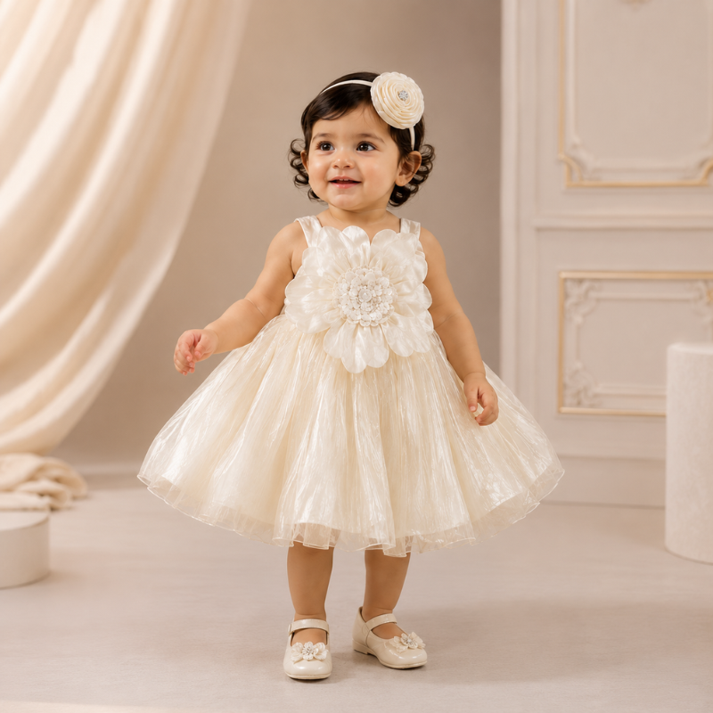 VANILLA Girls Floral Party Dress | Elegant Sleeveless Tulle Dress for Baby Girls 