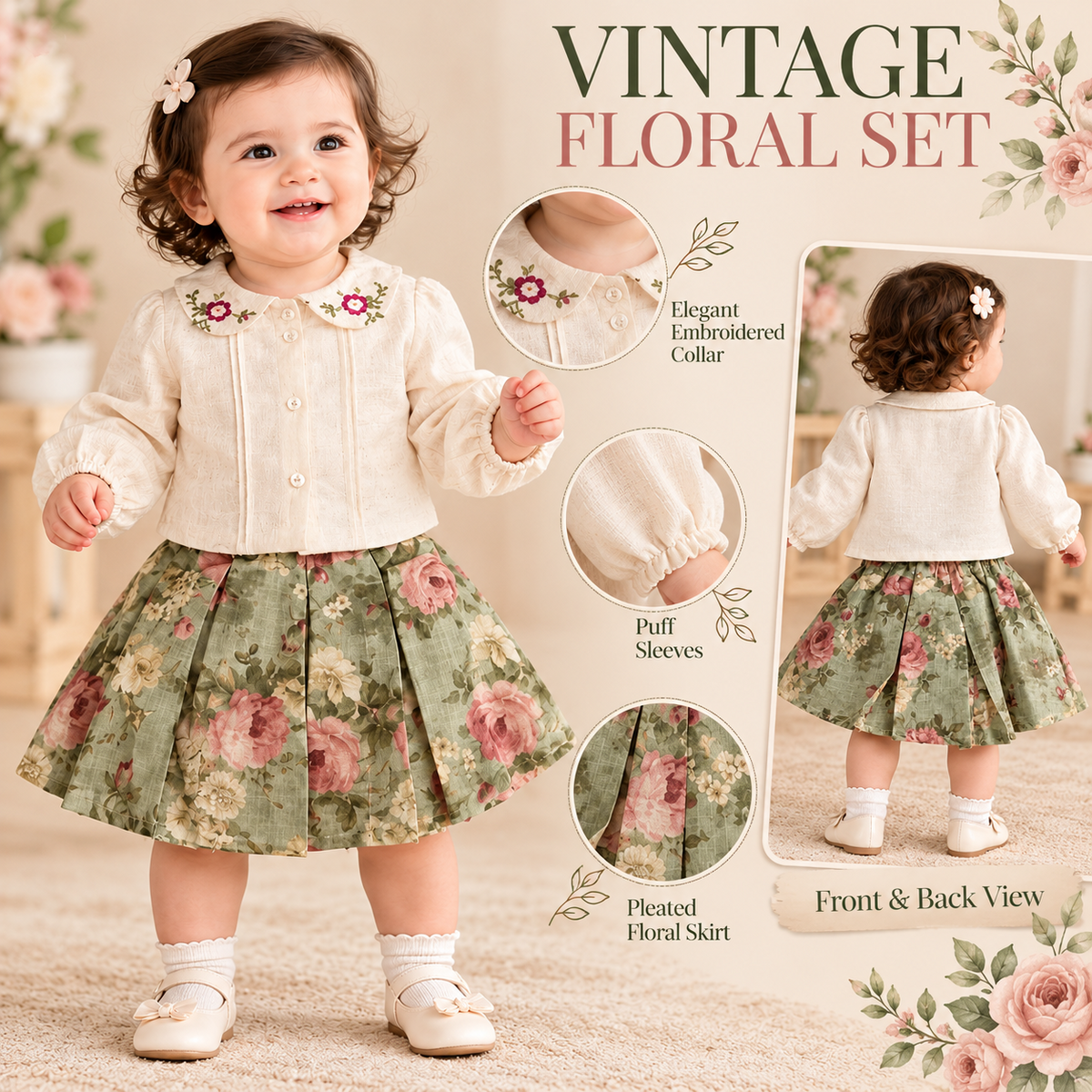 SMILE BABY vintage floral girl set product features
