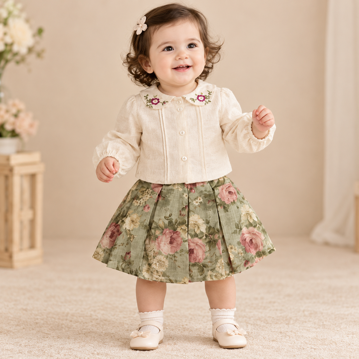 SMILE BABY vintage floral girl set front view
