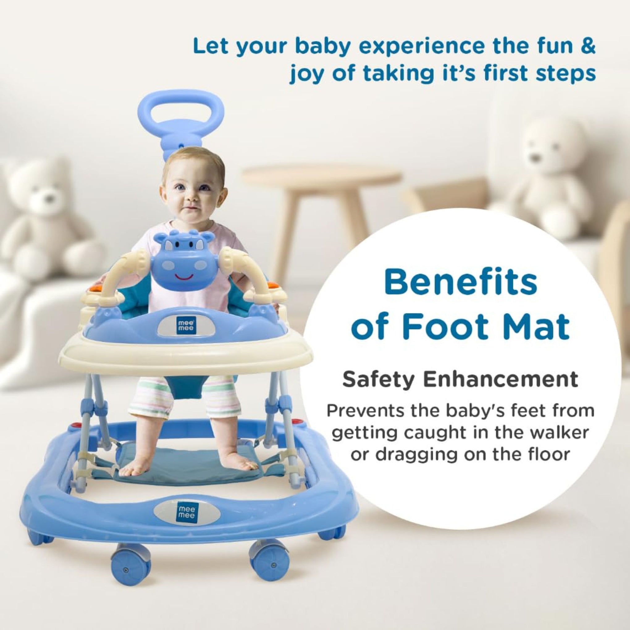 Mee Mee 360° Baby Activity Walker | 3 Level Adjustable Height, Foot Mat, Musical Detachable Toy Bar | Parental Push Handle, Anti-Rollover Folding Walker for Boys, Girls, Kids