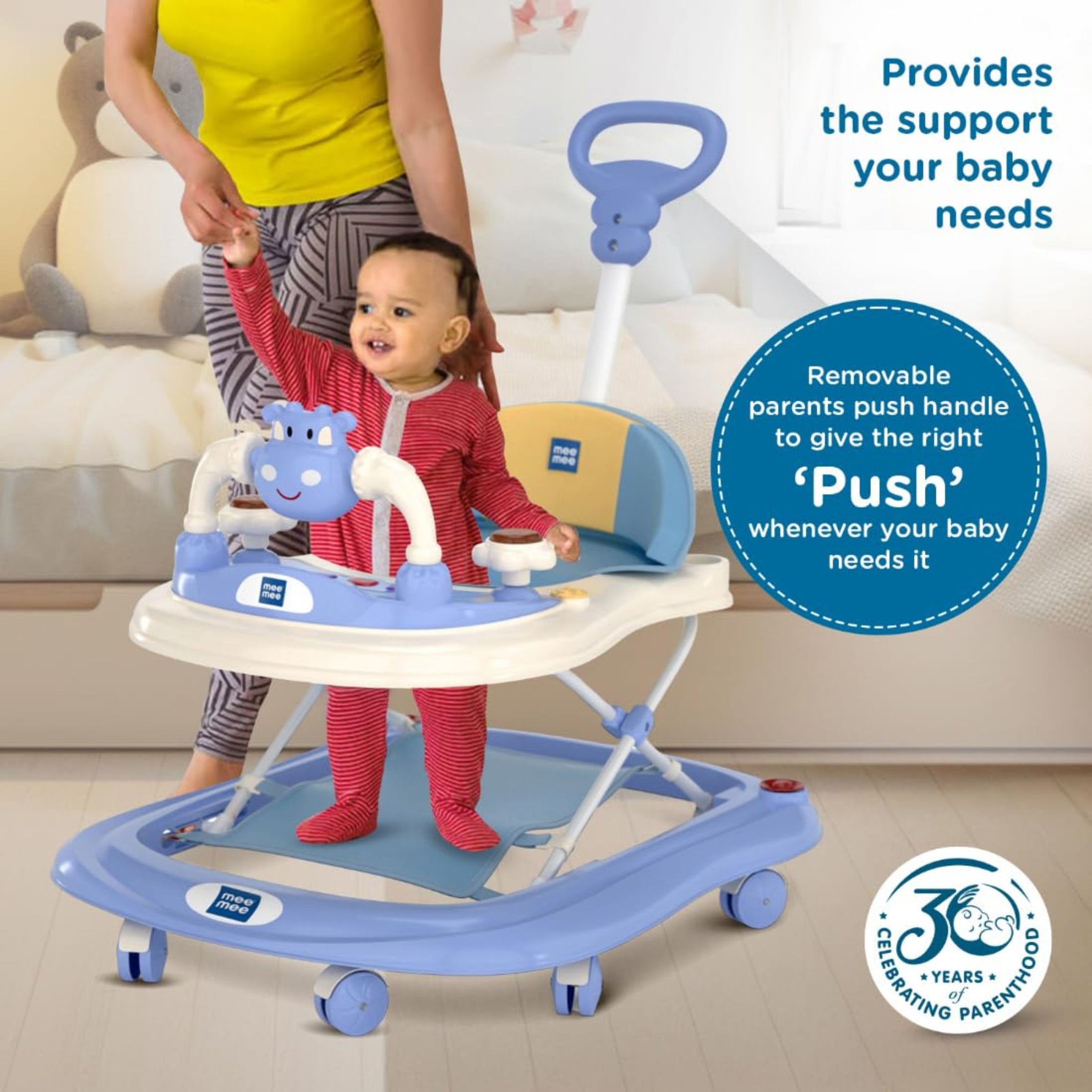 Mee Mee 360° Baby Activity Walker | 3 Level Adjustable Height, Foot Mat, Musical Detachable Toy Bar | Parental Push Handle, Anti-Rollover Folding Walker for Boys, Girls, Kids