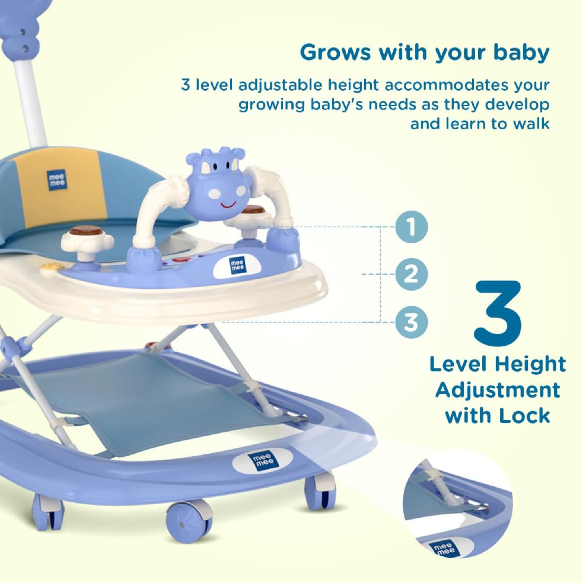 Mee Mee 360° Baby Activity Walker | 3 Level Adjustable Height, Foot Mat, Musical Detachable Toy Bar | Parental Push Handle, Anti-Rollover Folding Walker for Boys, Girls, Kids
