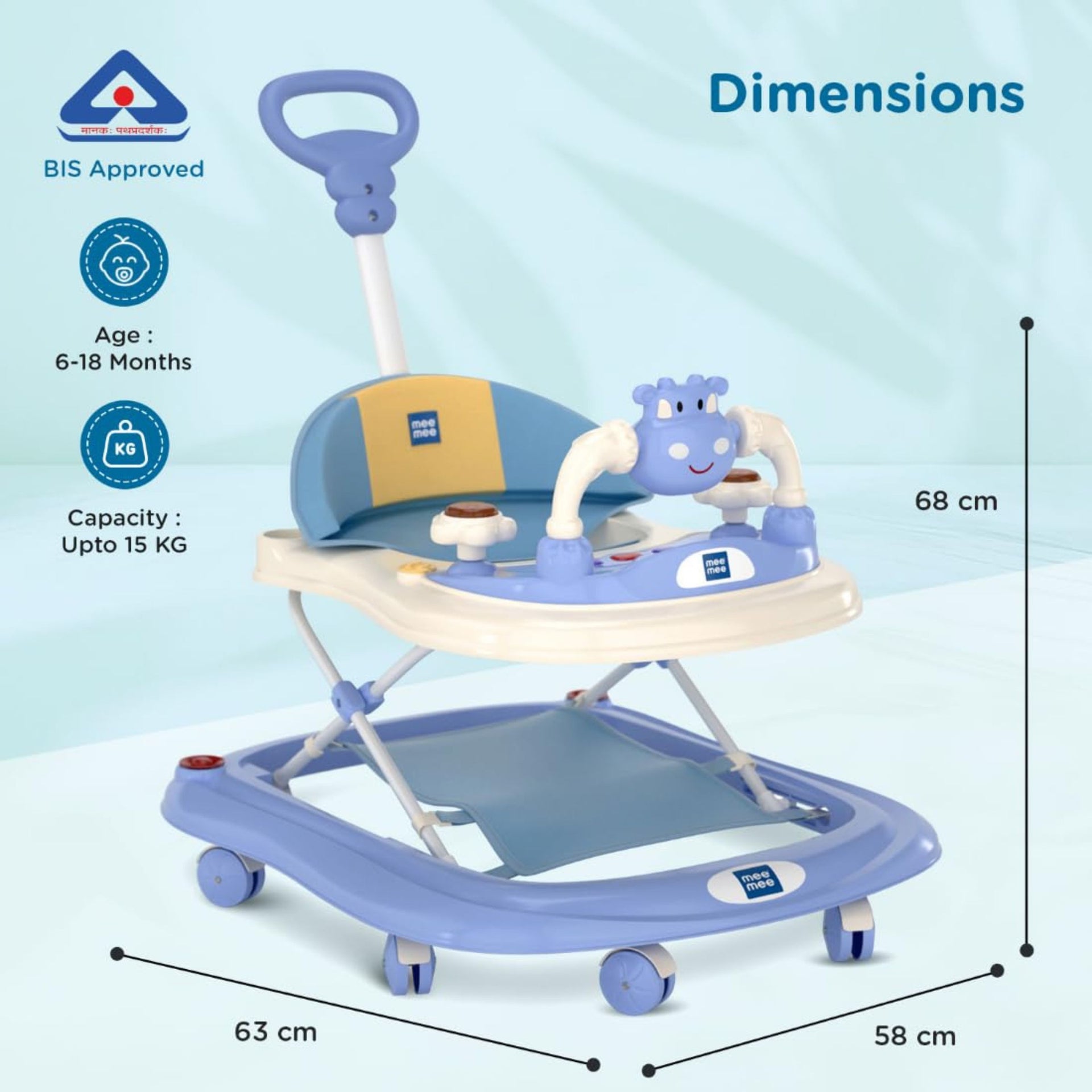 Mee Mee 360° Baby Activity Walker | 3 Level Adjustable Height, Foot Mat, Musical Detachable Toy Bar | Parental Push Handle, Anti-Rollover Folding Walker for Boys, Girls, Kids