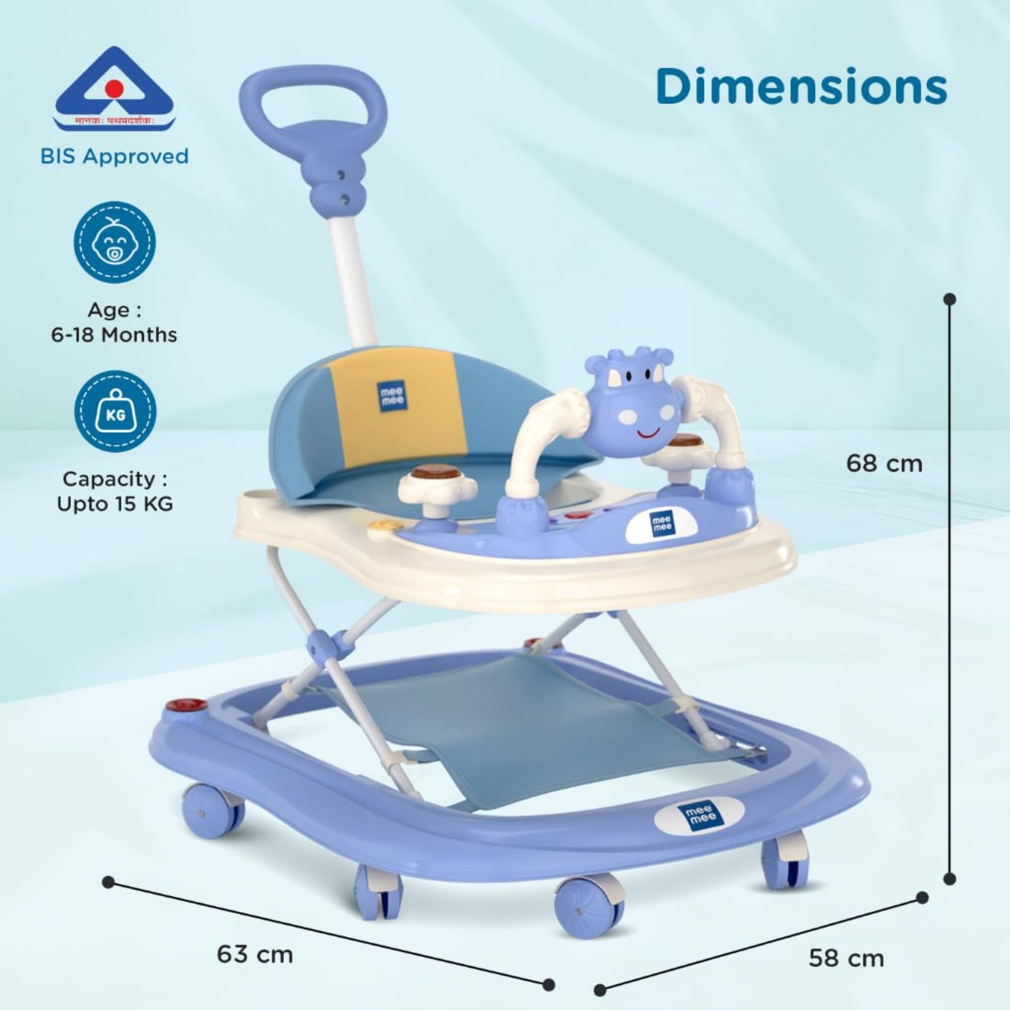 Mee Mee 360° Baby Activity Walker | 3 Level Adjustable Height, Foot Mat, Musical Detachable Toy Bar | Parental Push Handle, Anti-Rollover Folding Walker for Boys, Girls, Kids