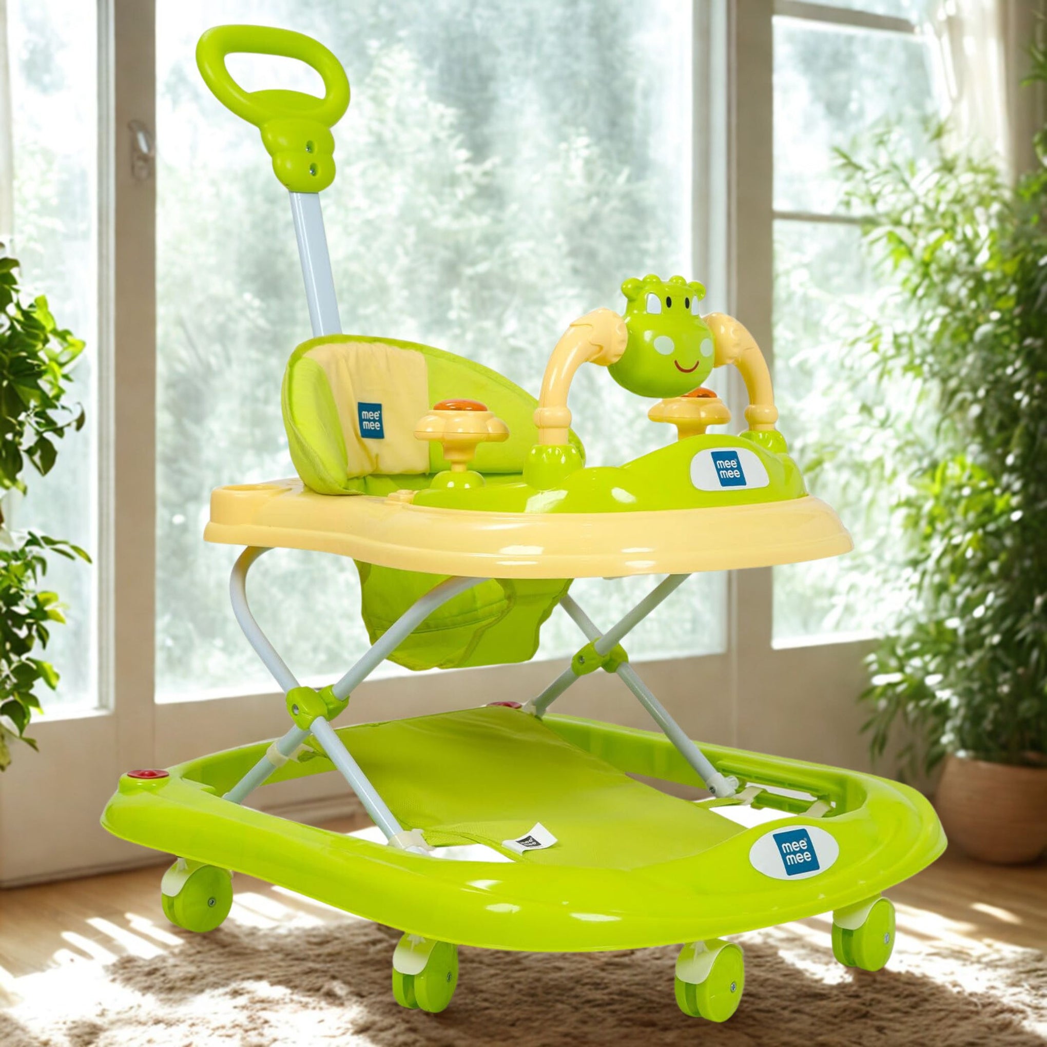 Mee Mee 360° Baby Activity Walker | 3 Level Adjustable Height, Foot Mat, Musical Detachable Toy Bar | Parental Push Handle, Anti-Rollover Folding Walker for Boys, Girls, Kids