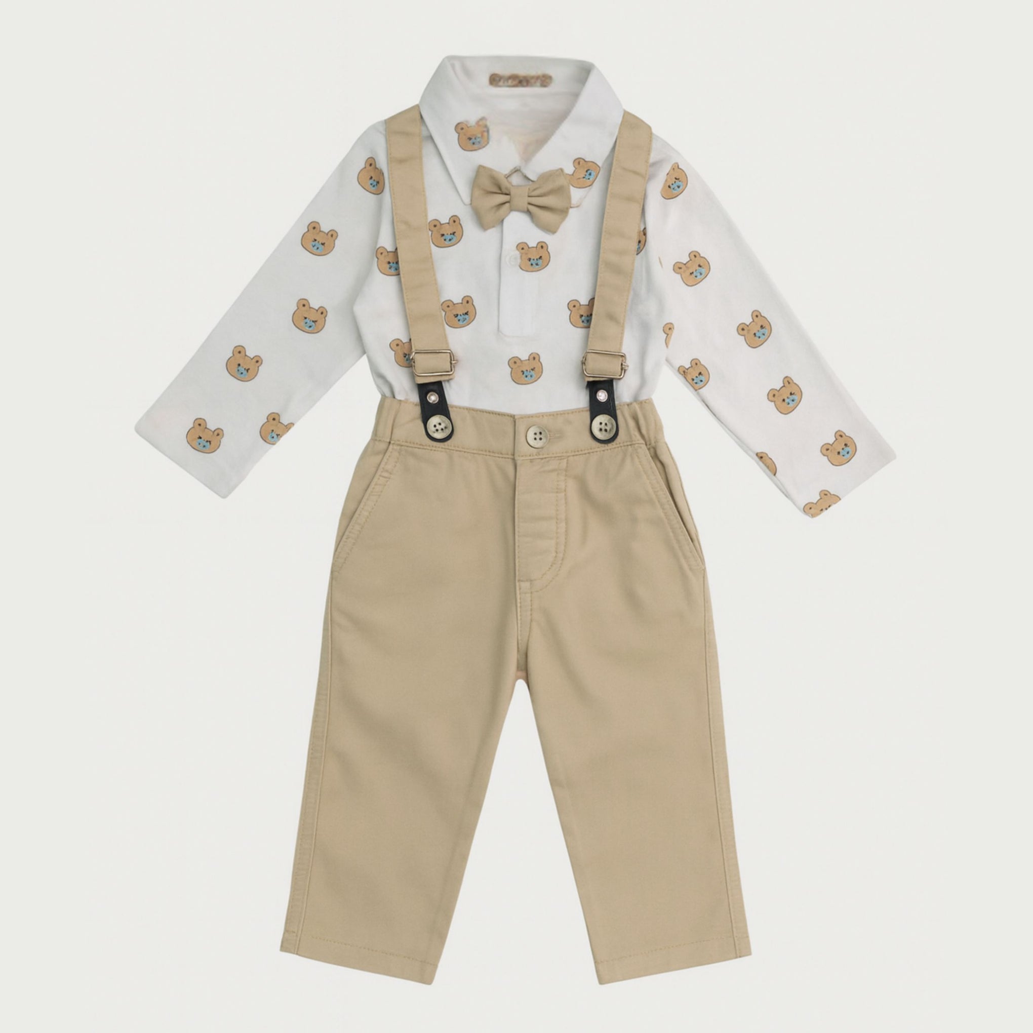 SMILE BABY “Classic Bear Suspender Set” – Khaki Shirt & Pant Outfit for Boys (3 Months to 3 Years)