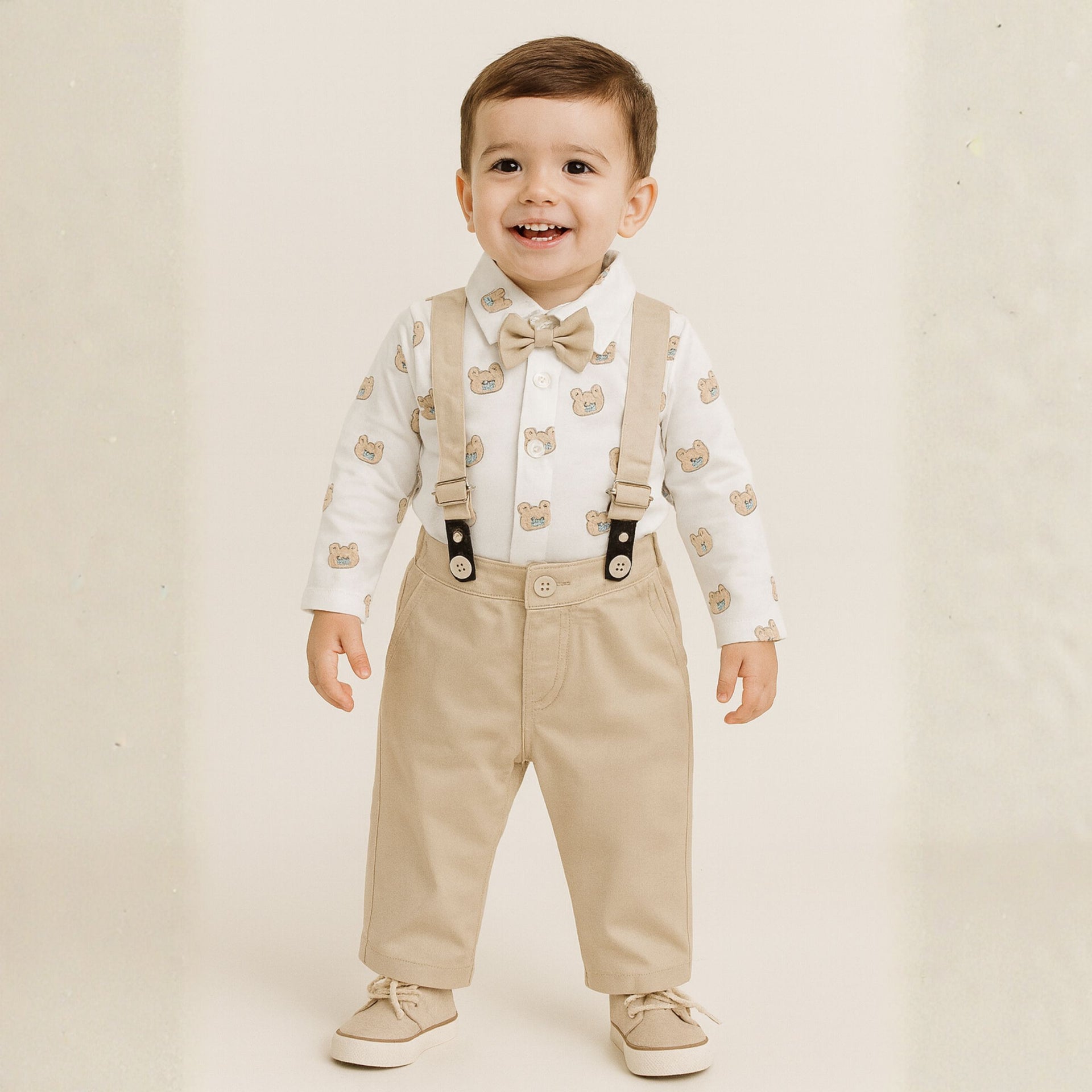 SMILE BABY “Classic Bear Suspender Set” – Khaki Shirt & Pant Outfit for Boys (3 Months to 3 Years)