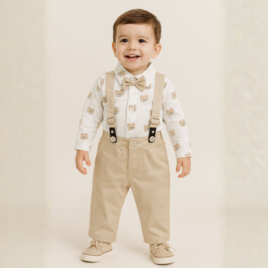 SMILE BABY “Classic Bear Suspender Set” – Khaki Shirt & Pant Outfit for Boys (3 Months to 3 Years)