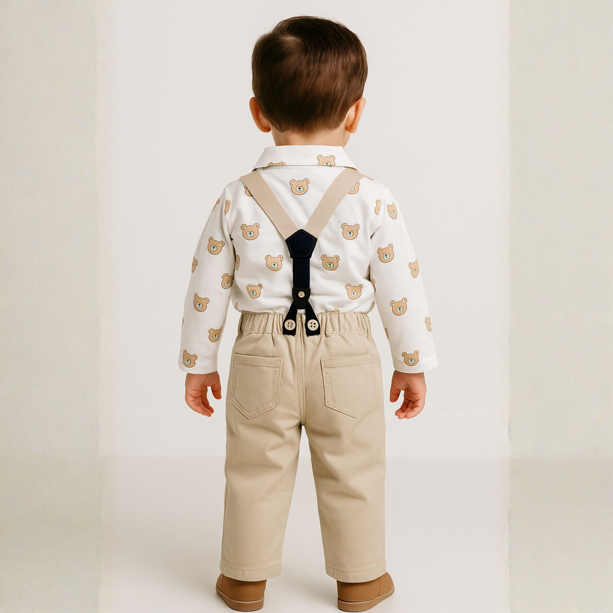 SMILE BABY “Classic Bear Suspender Set” – Khaki Shirt & Pant Outfit for Boys (3 Months to 3 Years)
