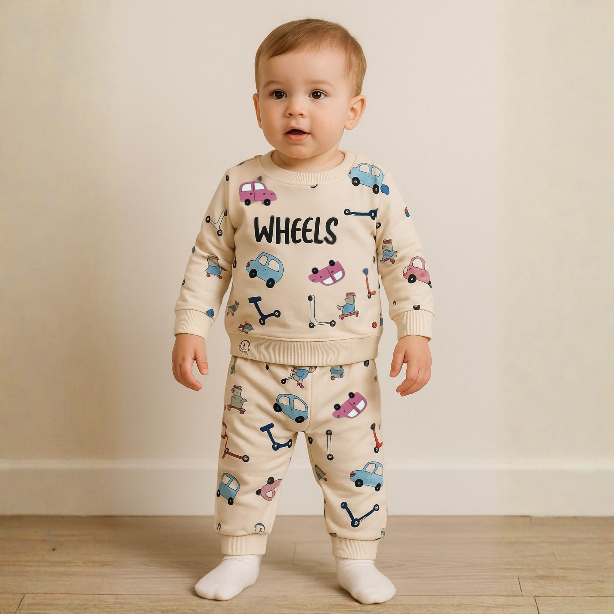 Ollypop “WHEELS” Cotton Sweatshirt & Jogger Set for Baby Boys (3M–3Y) | Fun Car & Scooter Print | Available in Pink Tint, Blue & Cream