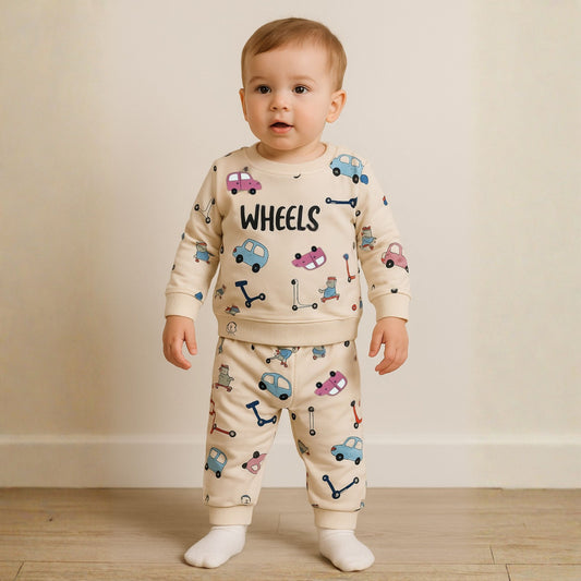 Ollypop “WHEELS” Cotton Sweatshirt & Jogger Set for Baby Boys (3M–3Y) | Fun Car & Scooter Print | Available in Pink Tint, Blue & Cream