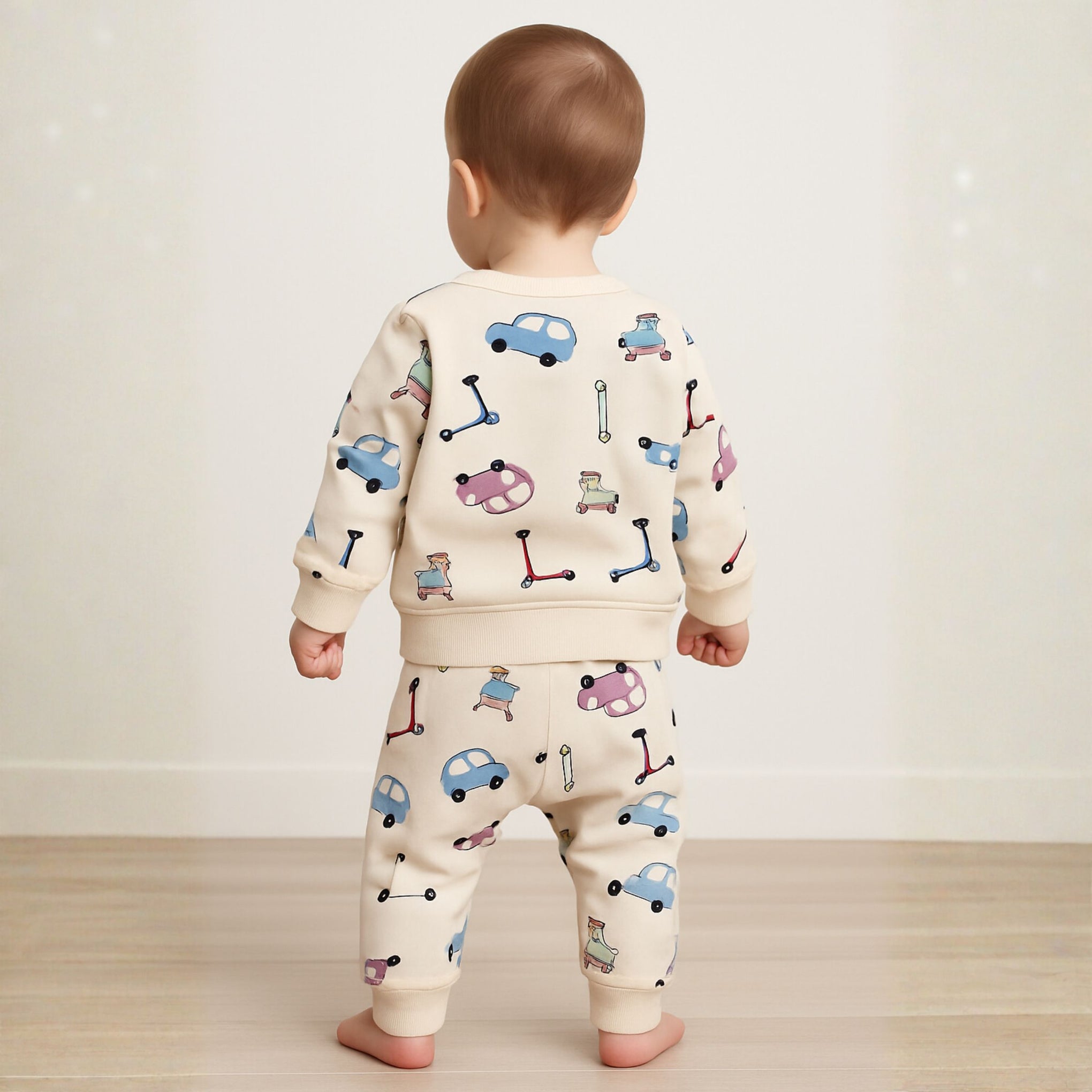 Ollypop “WHEELS” Cotton Sweatshirt & Jogger Set for Baby Boys (3M–3Y) | Fun Car & Scooter Print | Available in Pink Tint, Blue & Cream