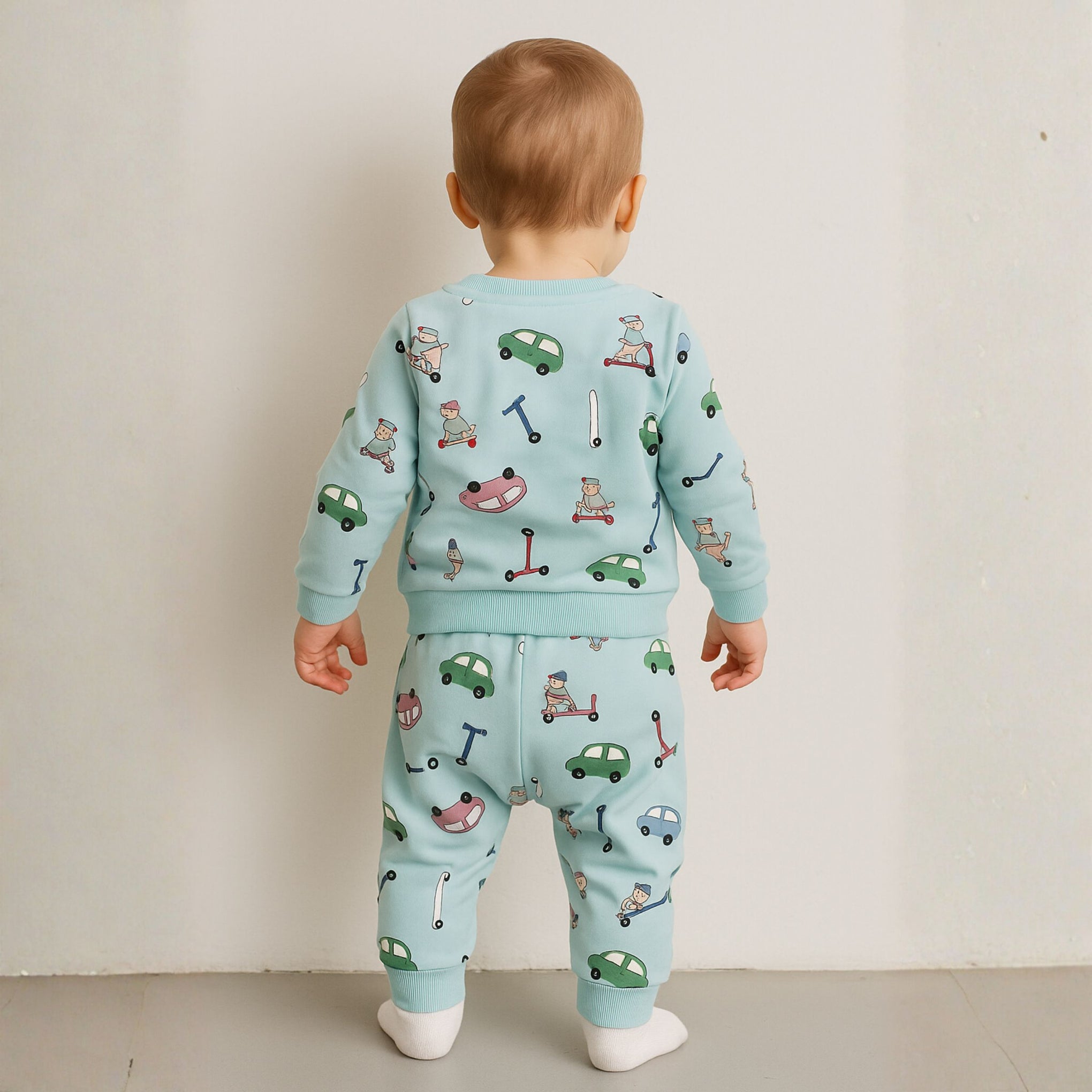 Ollypop “WHEELS” Cotton Sweatshirt & Jogger Set for Baby Boys (3M–3Y) | Fun Car & Scooter Print | Available in Pink Tint, Blue & Cream