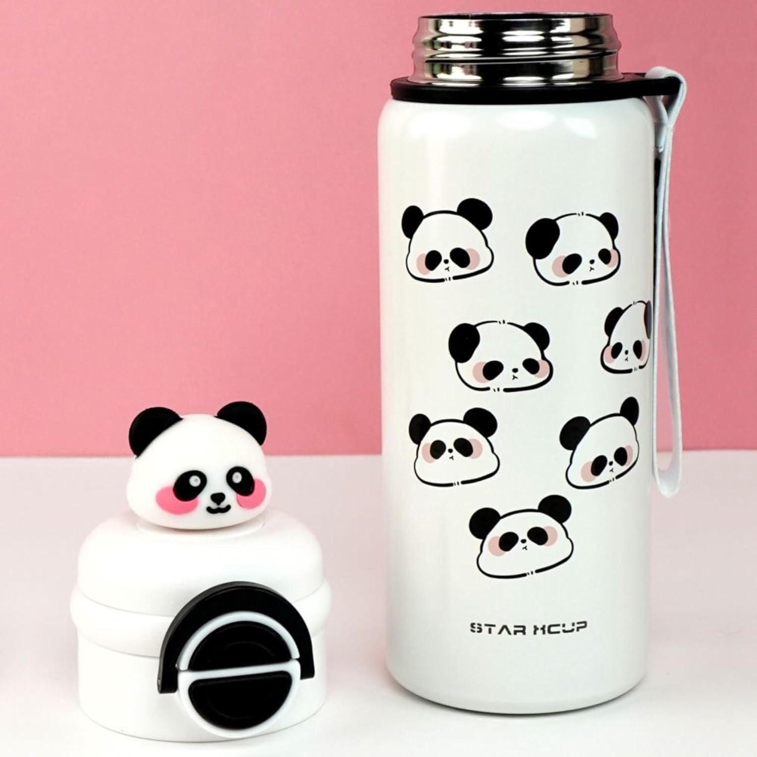 SMILE BABY Kids Panda Xcup White Water Bottle with Dual-Style Leakproof Lid – Straw & Spout,Cute Panda Design